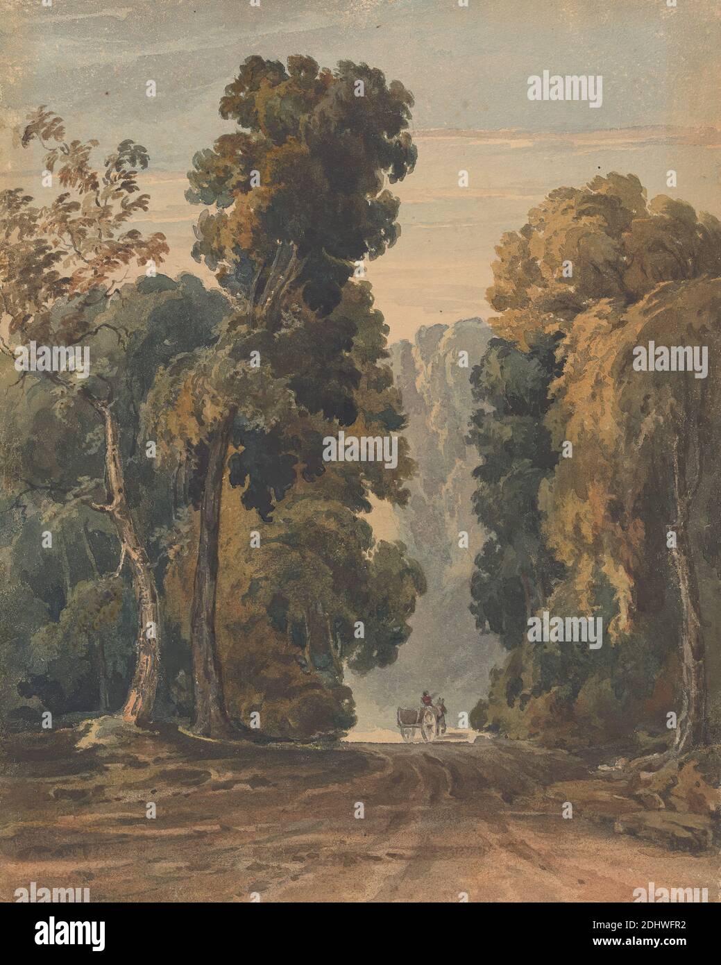 Horse, Cart and Driver on Wide, Tree-lined Lane, Thomas Sully, 1783–1872, American, undated, Aquarell, Graphit und Gouache auf mäßig dickem, mäßig strukturiertem, beigefarbenem, gewobenen Papier, Blatt: 12 5/16 × 9 3/4 inches (31.3 × 24.8 cm) Stockfoto