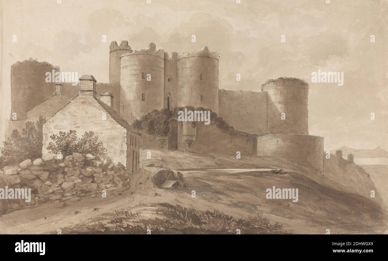 Harlech Castle, Isaac Weld, 1774–1856, Irish, 1810, Graphit und Braun waschen auf Medium, mäßig strukturiert, beige, webtes Papier, Blatt: 9 7/16 × 15 1/4 Zoll (24 × 38.7 cm Stockfoto