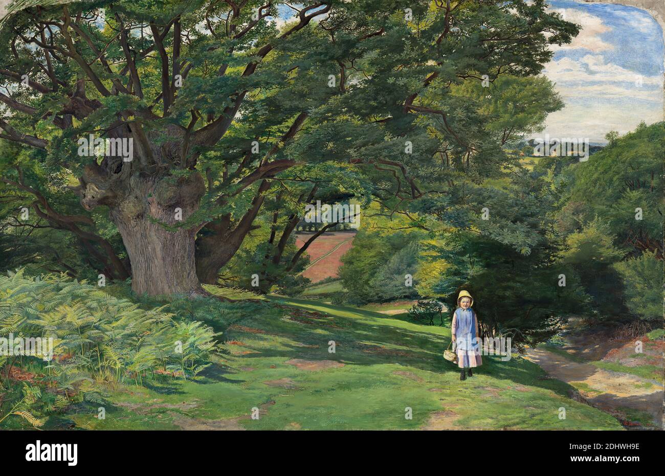 Hayes Common, William Henry Millais, 1828–1899, britisch, Figur von Sir John Everett Millais, 1829–1896, britisch, 1852 bis 1853, Öl auf Leinwand, Stütze (PTG): 22 x 33 7/8 Zoll (55.9 x 86 cm), Korb, Kind, Kostüm, Farne, Feld, Mädchen, Gras, Hügel, Landschaft, Pfad, Baum, England, Europa, Hayes, London, Vereinigtes Königreich Stockfoto