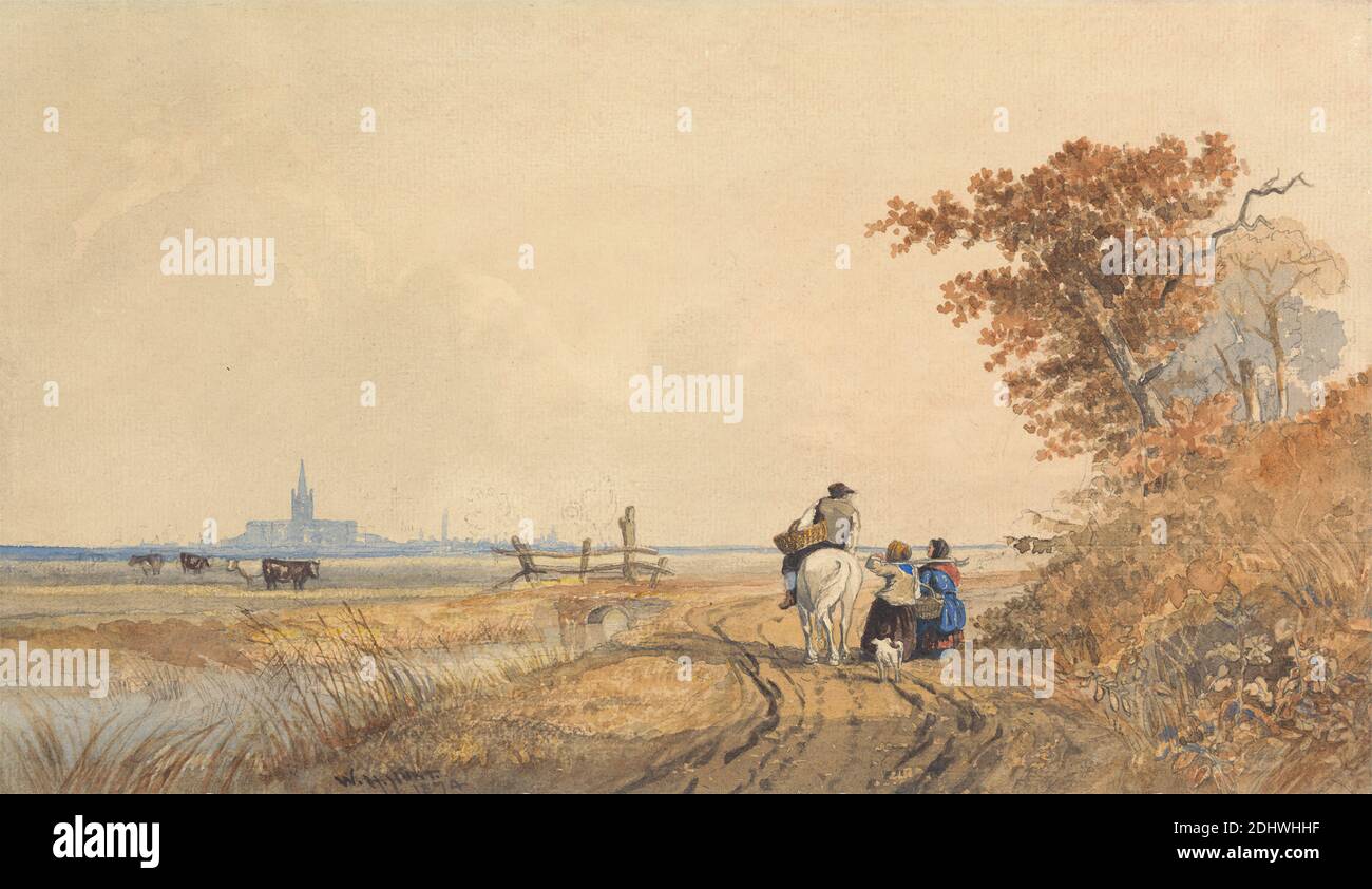 Ansicht von Yarmouth, William Howes Hunt, 1806–1879, 1874, Aquarell und Graphit auf mäßig dickem, mäßig strukturiertem, cremefarbenem Webepapier, Blatt: 8 1/4 × 14 1/4 Zoll (21 × 36.2 cm), Kühe, Feld, Pferd (Tier), Bauern, Straße, England, Norfolk, Vereinigtes Königreich, Yarmouth Stockfoto