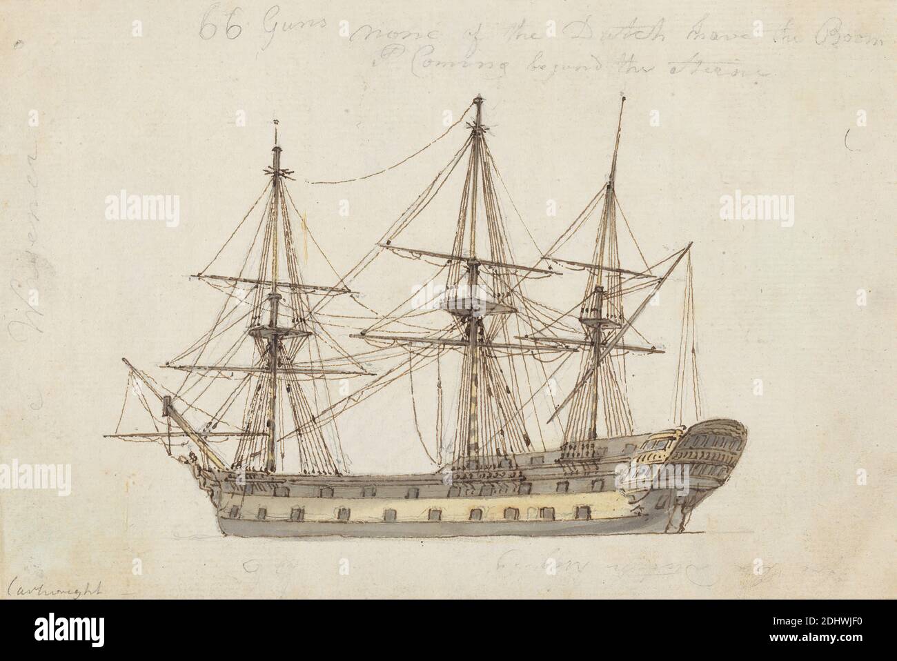 Sechsundsechzig Pistolen: Single Frigate, Joseph Cartwright, c.1789–1829, britisch, undatiert, Aquarell, mit Feder, in brauner Tinte und Graphit auf Medium, mäßig strukturiert, gebläut weiß, Papier gelegt, montiert, mäßig dick, leicht strukturiert, creme, webpapier, Halterung: 15 1/4 × 16 5/16 cm (41.4 × 38.7 Zoll) und Blatt: 5 1/8 × 7 11/16 Zoll (13 × 19.5 cm Stockfoto