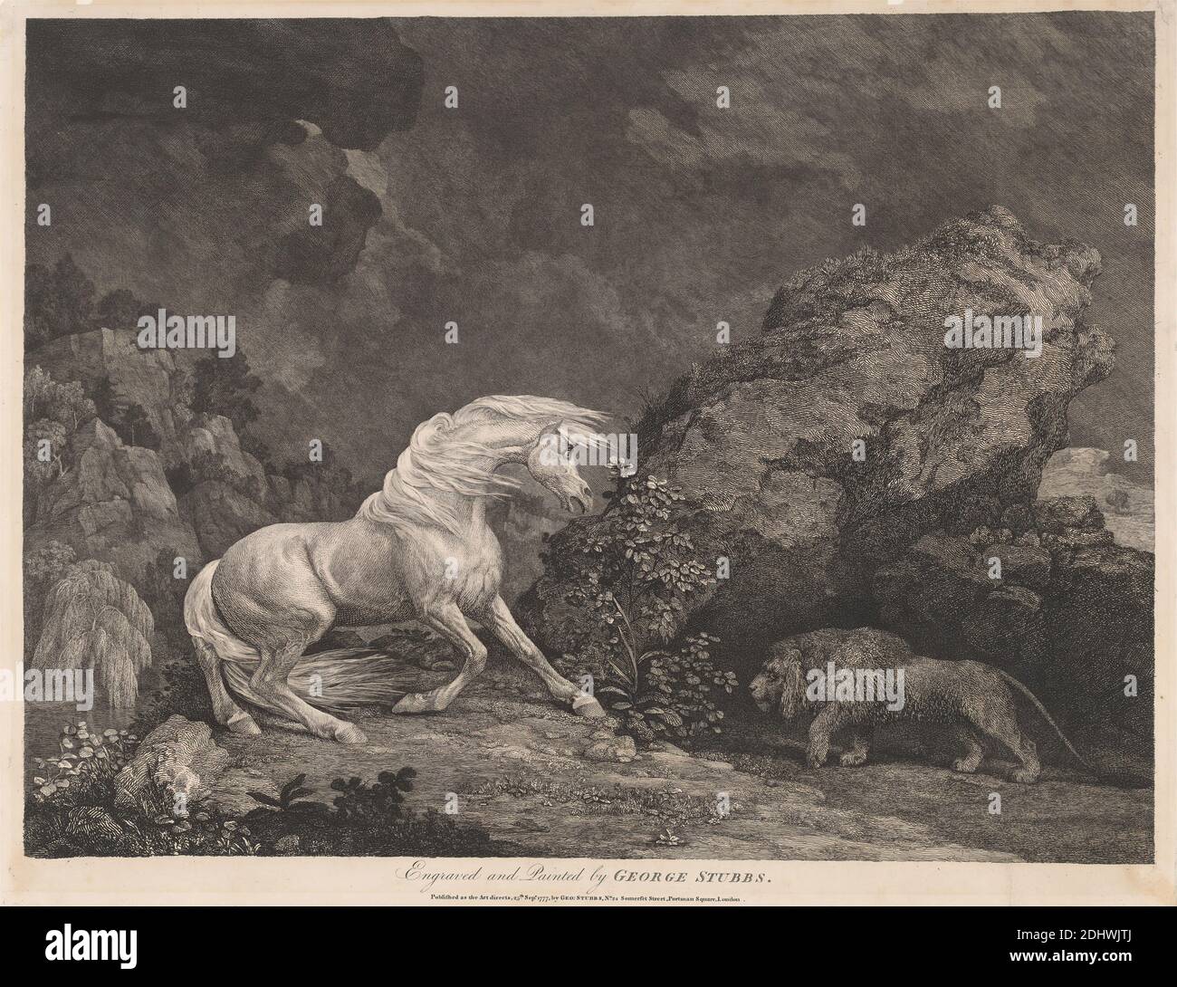 A Horse Affrighted by a Lion, Druck von George Stubbs, 1724–1806, British, 1777, Radierung und Strichgravur auf mittelschwerem, leicht strukturiertem, cremefarbenen Papier, Blatt: 14 3/4 x 19 cm (37.5 x 48.3 Zoll) und Bild: 13 1/2 x 18 1/8 Zoll (34.3 x 46.1 cm), verängstigt, Pferd (Tier), Löwe, Felsen (Landformen Stockfoto