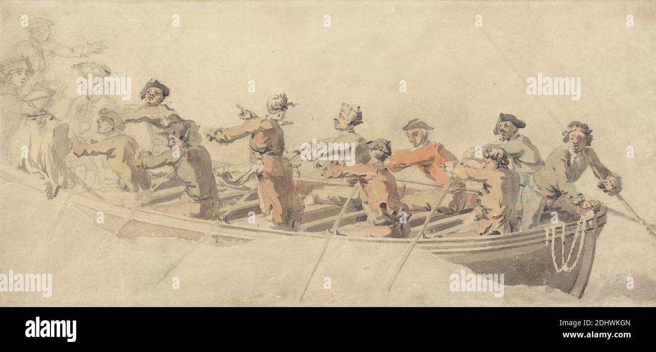 A Ship's Boat, Samuel Scott, 1701/2–1772, britisch, undatiert, Aquarell und Graphit auf Medium, leicht strukturiert, cremefarbenes Papier, Blatt: 6 1/4 x 13 1/4 Zoll (15.9 x 33.7 cm), Boot, Hüte, Meereskunst, Männer, Ruder, Seil, Matrosen, Schiff Stockfoto