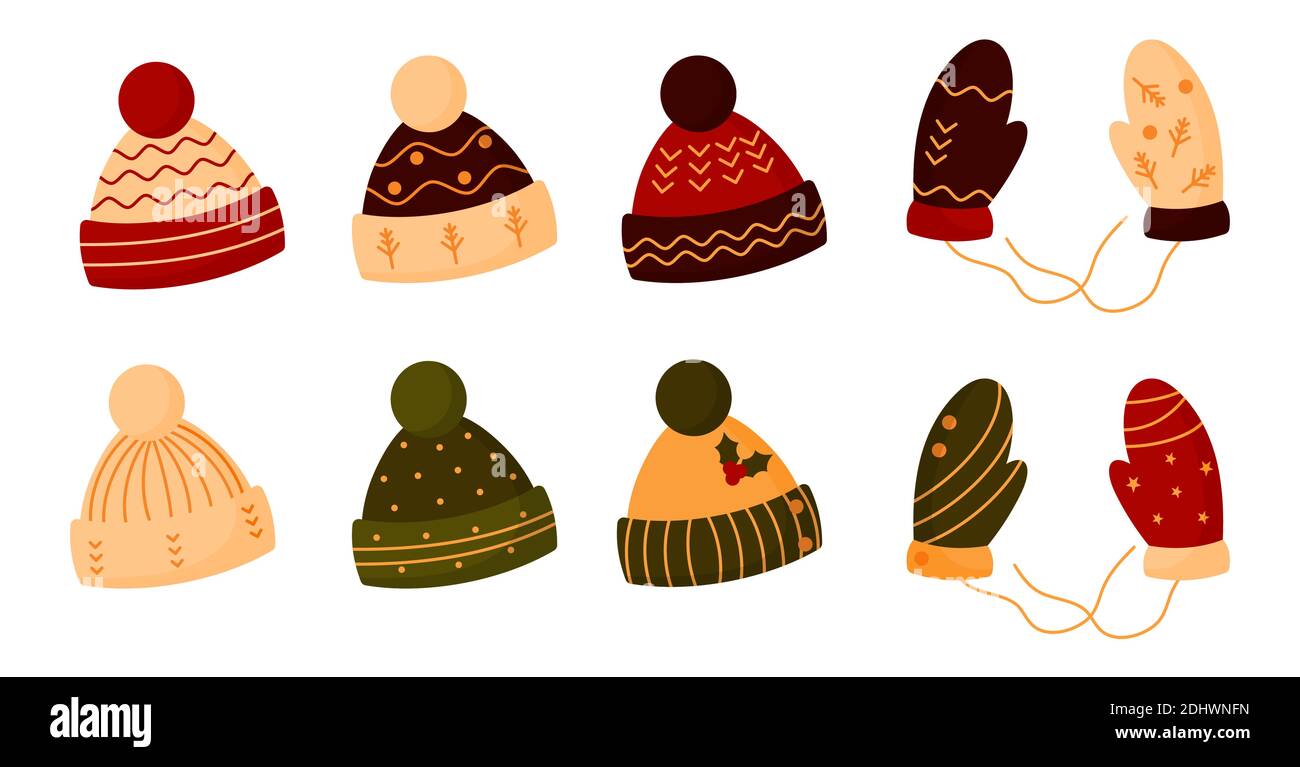 Flach gestrickte Hüte, Fäustlinge Set. Kuschelige Winter-Kopfbedeckung mit Bommel. Saisonale Weihnachten gestrickte warme Kleidung. Hygge Zeit, Urlaub niedlich Accessoire. Kappen für die kalte Jahreszeit. Isoliert auf weißer Vektorgrafik Stock Vektor