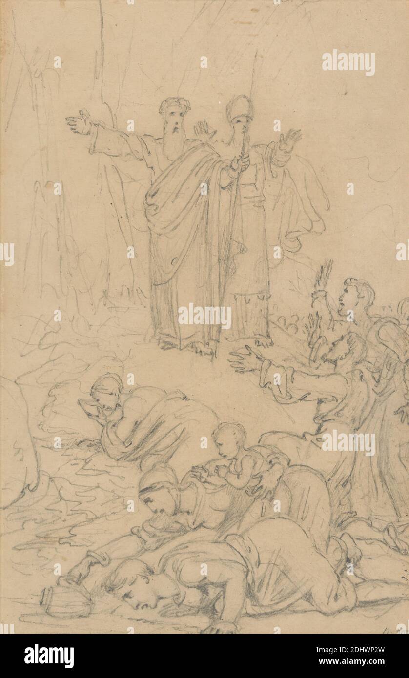 Moses Schlagsahne auf den Felsen (Zahlen 20:11), Richard Westall, 1765–1836, britisch, vor 1835, Graphit auf mittlerem, glattem, cremefarbenem Webepapier, Blatt: 3/8 x 3/8 cm (5 13.7 x 3 8.6 Zoll) und zeitgenössischer gezeichneter Rand: 7 1/4 x 5 1/4 Zoll (18.4 x 13.3 cm), Kind, Trinken, Essen, Hüte, Hügel, Illustration, Moses, das Wasser aus dem Felsen (2. Mose 17:1-7; 4. Mose 20:2-13), Alte Testament, Topf, religiöses und mythologisches Thema, Gewänder, Wasser, Frauen Stockfoto