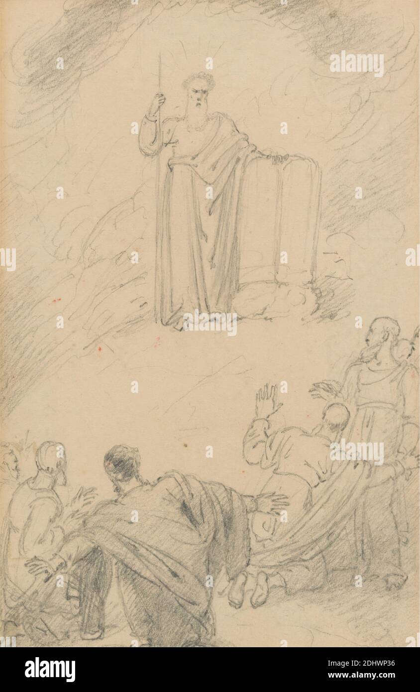 Moses Bringing the Ten Commandments from Mount Sinai (Exodus 34:29), Richard Westall, 1765–1836, britisch, vor 1835, Graphit auf mittlerem, glattem, cremefarbenem Wove-Papier, Blatt: 5 1/8 x 3 1/4 Zoll (13 x 8.3 cm) und zeitgenössischer gezeichneter Rand: 7 1/8 x 5 1/4 Zoll (18.1 x 13.3 cm), Wolken, Illustration, Männer, Moses kommt mit den neuen Tafeln und wird von Aaron und den versammelten Menschen erwartet, Wer bemerkt, dass "sein Gesicht scheint" (Moses Gesicht ist mit Lichtstrahlen oder mit Hörnern dargestellt), Alte Testament, religiöse und mythologische Thema, Robe, Stab, Überraschung, Tabletten, Afrika, Mûsa, Gebel Stockfoto