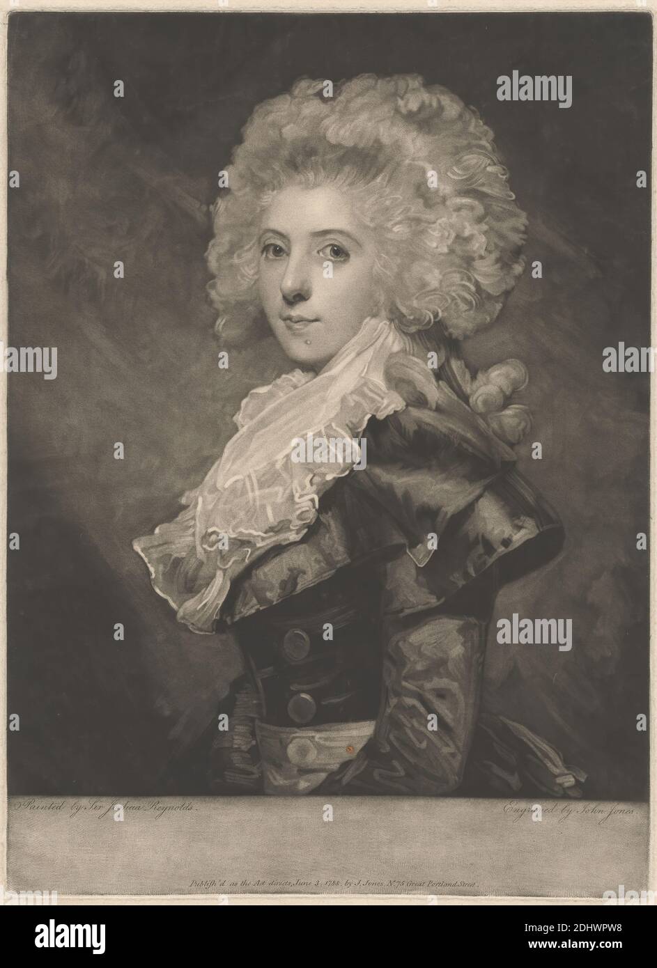 Lady Caroline Price, Druck von John Jones, ca. 1745–1797, britisch, nach Sir Joshua Reynolds RA, 1723–1792, britisch, 1788, Mezzotint (erster Zustand) auf mäßig dickem, mäßig strukturiertem, cremefarbenen, gedeckten Papier, Blatt: 15 11/16 × 11 9/16 Zoll (39.8 × 29.4 cm), Platte: 15 × 10 7/8 Zoll (38.1 × 27.6 cm), und Bild: 13 5/16 × 10 7/8 Zoll (33.8 × 27.6 cm Stockfoto
