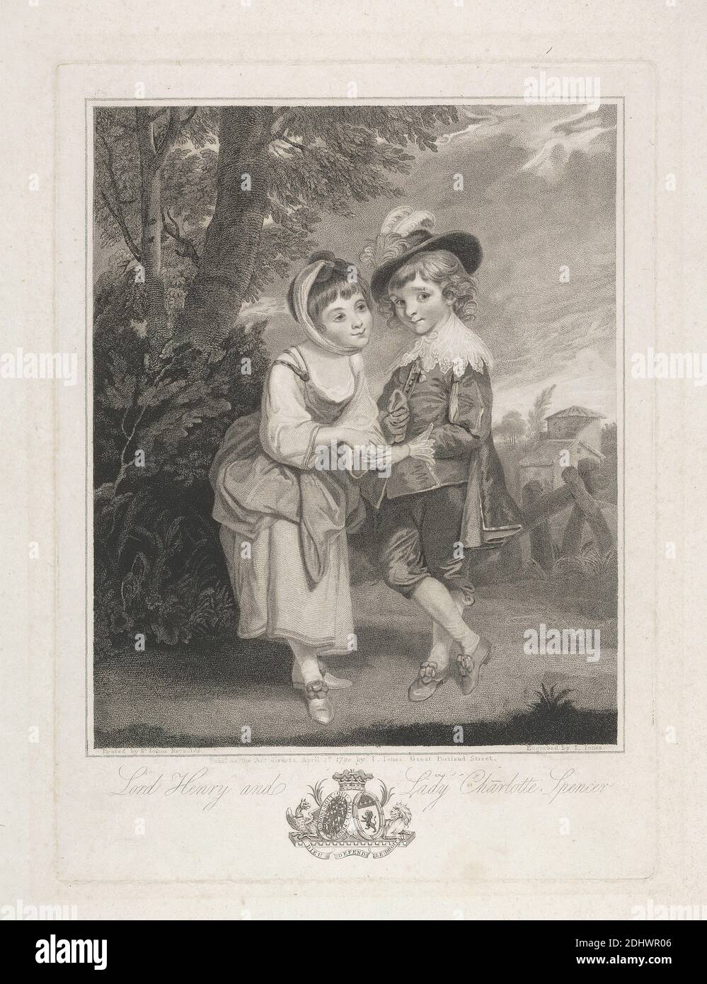 Lord Henry und Lady Charlotte Spencer als 'die jungen Wahrsager', Druck von John Jones, ca. 1745–1797, britisch, nach Sir Joshua Reynolds RA, 1723–1792, britisch, 1790, Aquatint, Radierung und Stipple (erster Zustand) auf mäßig dickem, mäßig strukturiertem, cremefarbenem, getupftem Papier, Blatt: 20 7/8 × 15 5/8 Zoll (53 × 39.7 cm), Platte: 15 × 11 Zoll (38.1 × 27.9 cm), und Bild: 11 3/4 × 9 5/8 Zoll (29.8 × 24.4 cm Stockfoto
