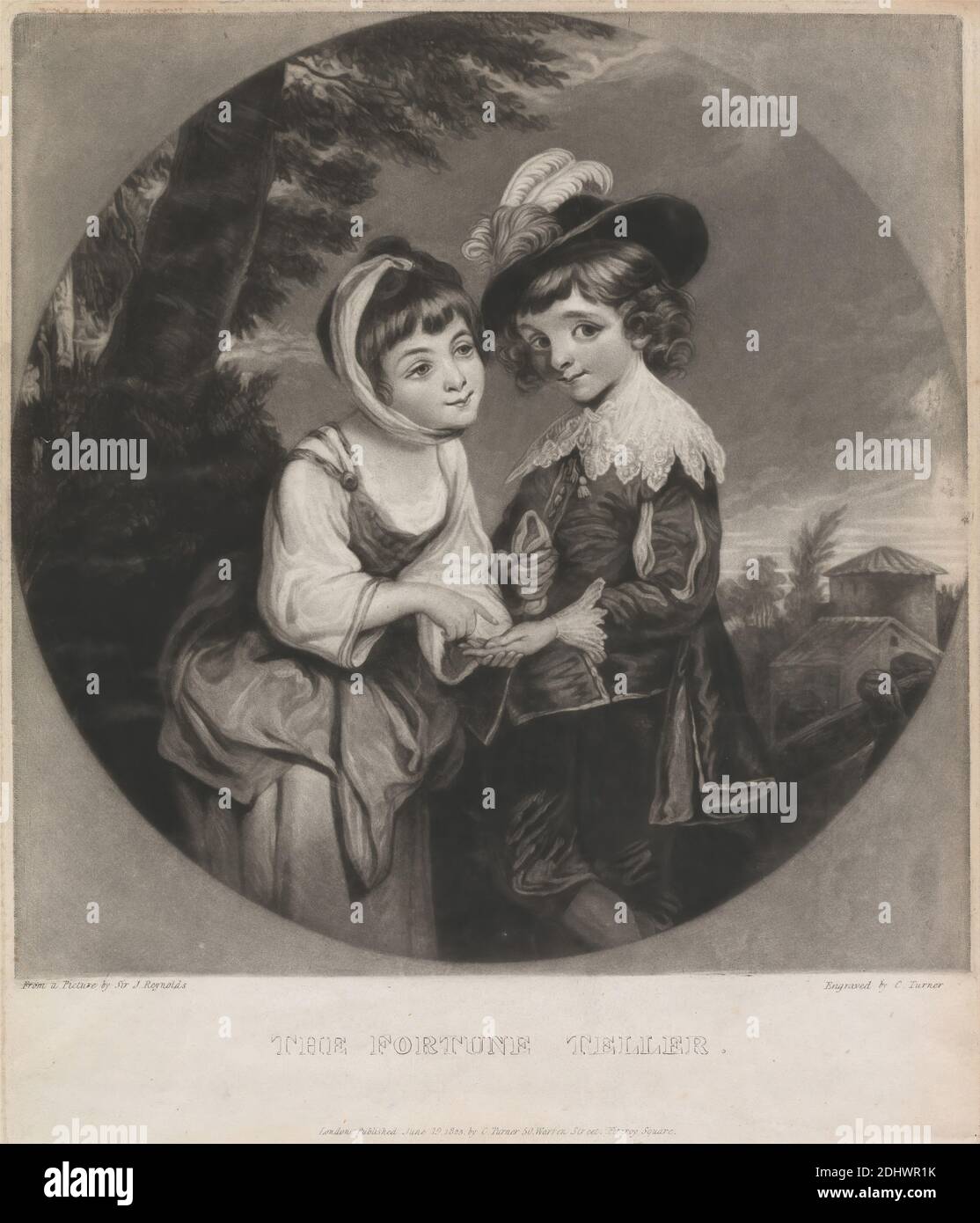 Lord Henry and Lady Charlotte Spencer : 'The Fortune Teller', Druck von Charles Turner, 1774–1857, britisch, nach Sir Joshua Reynolds RA, 1723–1792, britisch, 1823, Mezzotint (erster Staat) auf mäßig dickem, mäßig strukturiertem, beigefarbenem Papier, Blatt: 11 1/4 × 9 11/16 Zoll (28.6 × 24.6 cm), Platte: 10 5/8 × 9 Zoll (27 × 22.9 cm) und Bild: 8 7/8 × 8 7/8 Zoll (22.5 × 22.5 cm) Stockfoto