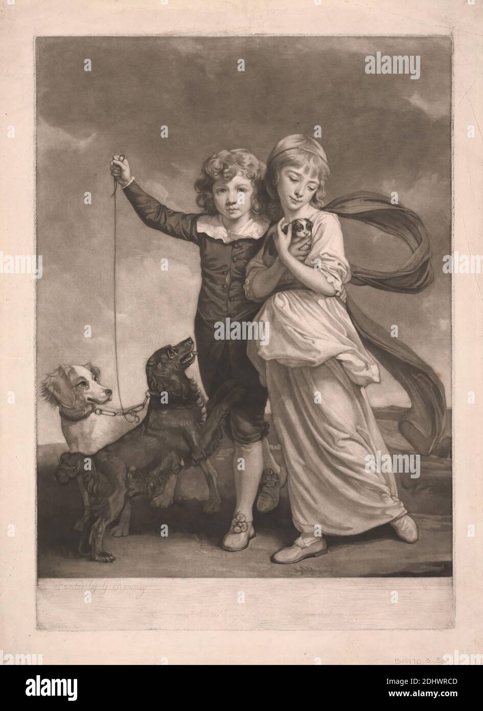 The Clavering Children, Print Made by John Raphael Smith, 1752–1812, British, after George Romney, 1734–1802, British, 1779, Mezzotint auf Medium, schräg strukturiert, cremefarbenes Papier, Blatt: 22 1/2 × 16 3/8 Zoll (57.2 × 41.6 cm), Platte: 19 7/8 × 14 Zoll (50.5 × 35.6 cm), und Bild: 18 × 14 Zoll (45.7 × 35.6 cm Stockfoto