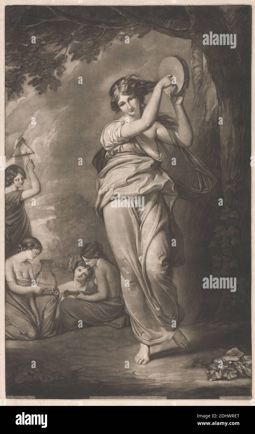 Mrs. Jordan as L'Allegro, Druck von Robert Dunkarton, 1744–1811, britisch, nach George Romney, 1734–1802, britisch, 1771, Mezzotint (einziger Staat) auf mittlerem, leicht strukturiertem, cremefarbenem Papier, Blatt: 24 3/4 × 15 3/4 Zoll (62.9 × 40 cm), Platte: 24 × 15 Zoll (61 × 38.1 cm) und Bild: 24 × 15 Zoll (61 × 38.1 cm Stockfoto