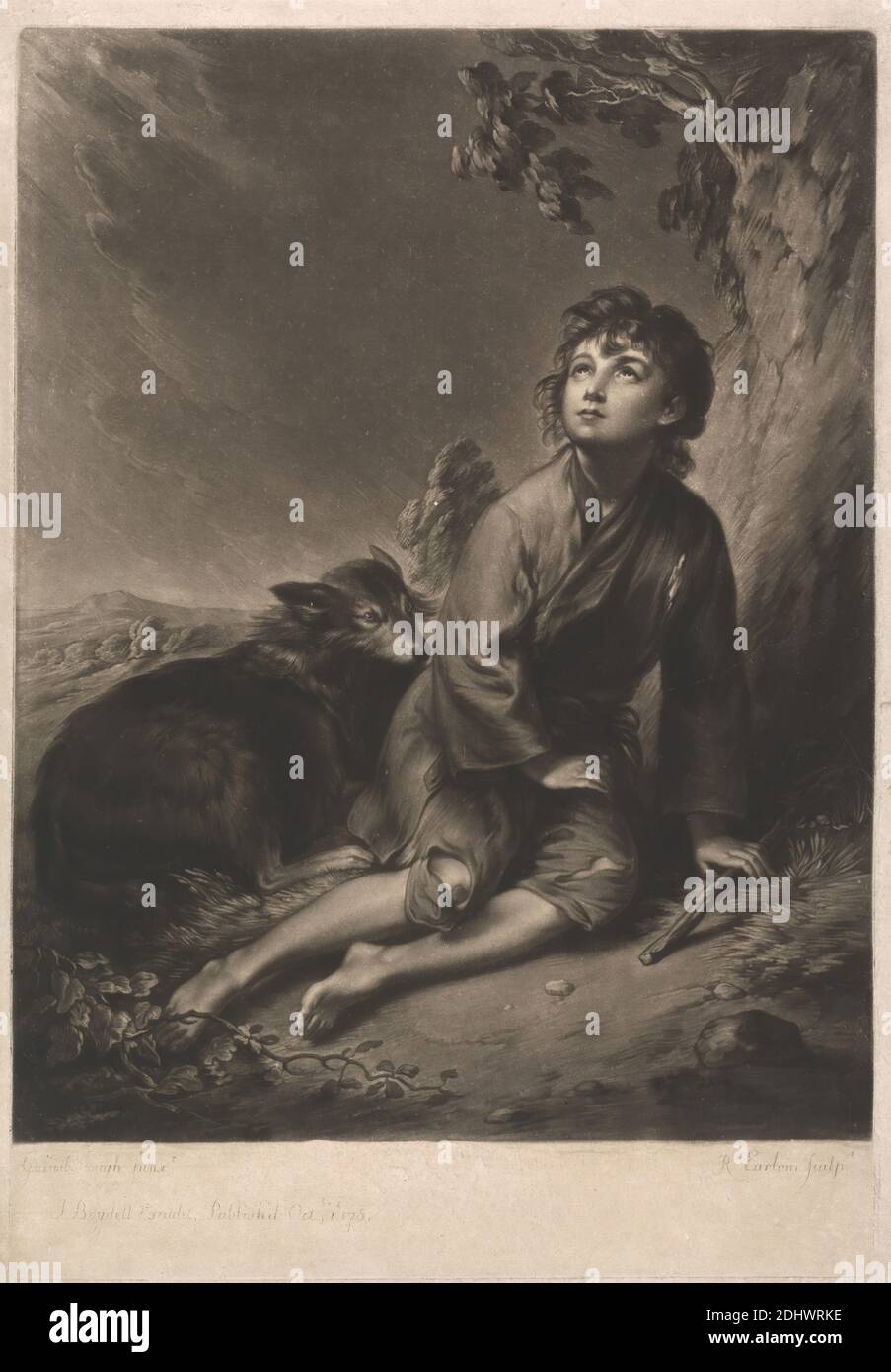 A Shepherd Boy, Print Made by Richard Earlom, 1743–1822, British, after Thomas Gainsborough RA, 1727–1788, British, Published by John Boydell, 1720–1804, British, 1781, Mezzotint und Radierung auf mäßig dickem, mäßig strukturiertem, cremefarbenen Papier, in Halterung gelegt, Blatt: 16 11/16 x 11 15/16 cm (30.4 x 42.4 Zoll), Platte: 15 15/16 x 11 1/16 Zoll (40.5 x 28.1 cm), und Bild: 14 3/16 x 11 1/16 Zoll (36.1 x 28.1 cm), barfuß, Junge, Kind, Mantel, Hund (Tier), Blick, Genremotiv, Hügel, Landschaft, Ruhe, Hirte, Hirtengehege, Bäume, Reben Stockfoto