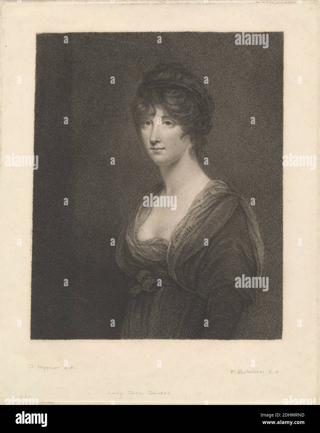 Lady Jane Dundas, Druck von Francesco Bartolozzi RA, 1728–1815, italienisch, in Großbritannien tätig (1764–99), nach John Hoppner, 1758–1810, britisch, ca. 1802, Stichelgravur, Mezzotinta und Radierung auf mäßig dickem, mäßig strukturiertem, cremefarbenem Wove-Papier, Blatt: 11 1/8 × 8 7/8 Zoll (28.2 × 22.5 cm) und Bild: 8 7/16 x 6 13/16 Zoll (21.4 x 17.3 cm), Tuch, Locken, dunkel, Vorhänge, Kleid, Kleid, Gravur, Haare, Stirnband, monochrom, Porträt, Bänder, Stippellstich, Frau Stockfoto