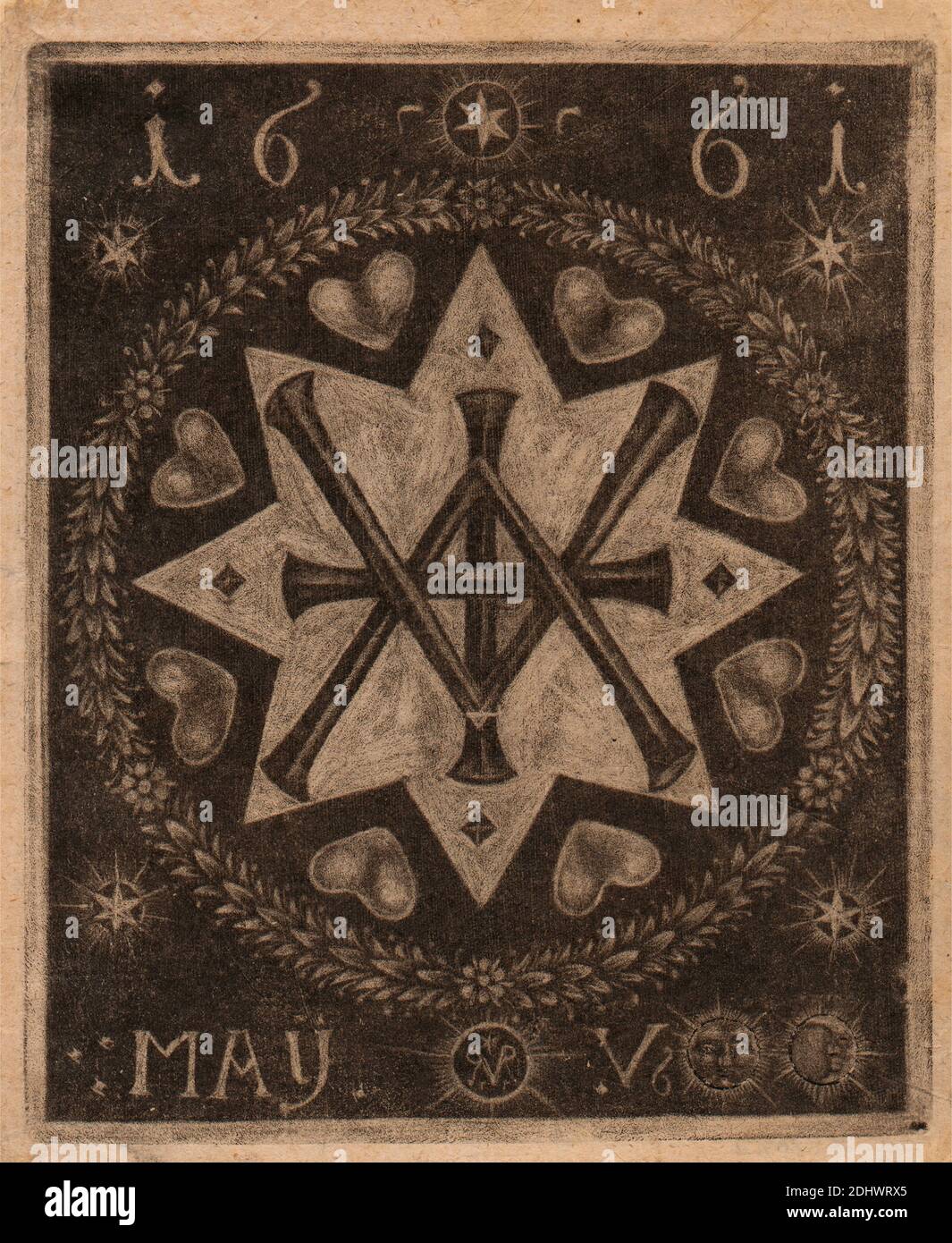 Freimaurersymbol, Druck von Prince Rupert, 1619–1682, Britisch, 1661, Mezzotint auf dünnem, leicht strukturiertem, beigefarbenem Papier, Blatt: 7 5/8 × 6 5/8 Zoll (19.4 × 16.8 cm), Teller: 7 1/8 × 5 15/16 Zoll (18.1 × 15.1 cm), und Bild: 6 13/16 × 5 5/8 Zoll (17.3 × 14.3 cm Stockfoto