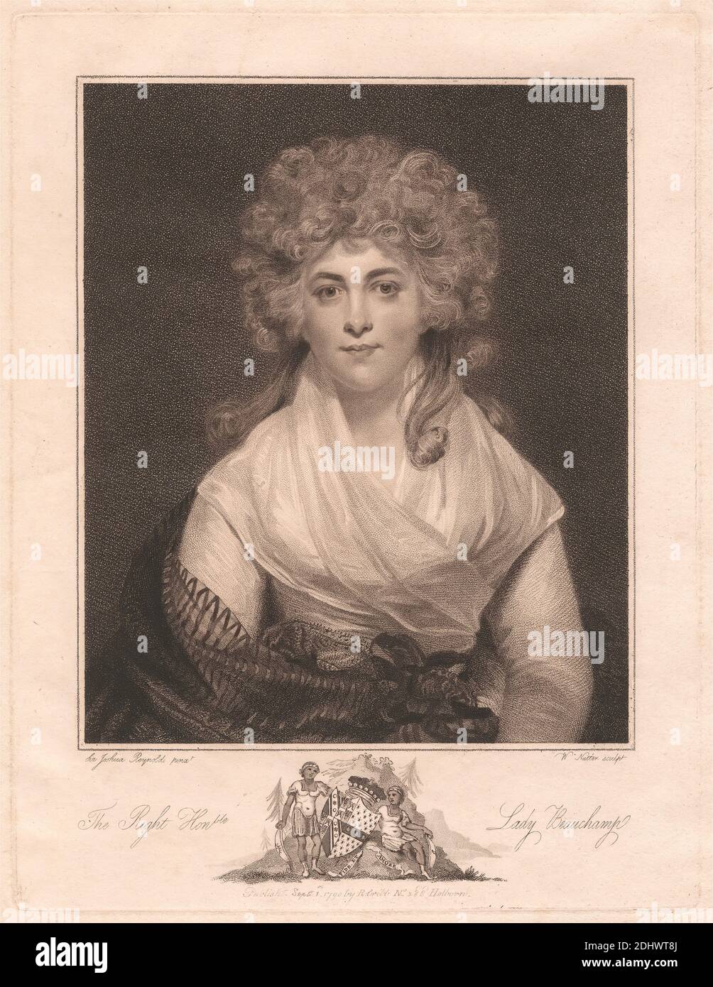 The Right Honourable Lady Beauchamp, Druck von William Nutter, 1754–1802, britisch, nach Sir Joshua Reynolds RA, 1723–1792, britisch, 1790, Stippelstich und Linienstich auf mäßig dickem, mäßig strukturiertem, cremefarbenem, gedeckten Papier, Blatt: 16 7/8 × 11 7/8 cm (30.2 × 42.9 Zoll), Platte: 11 1/4 × 8 5/8 Zoll (28.6 × 21.9 cm) und Bild: 8 1/4 × 6 7/8 Zoll (21 × 17.5 cm Stockfoto