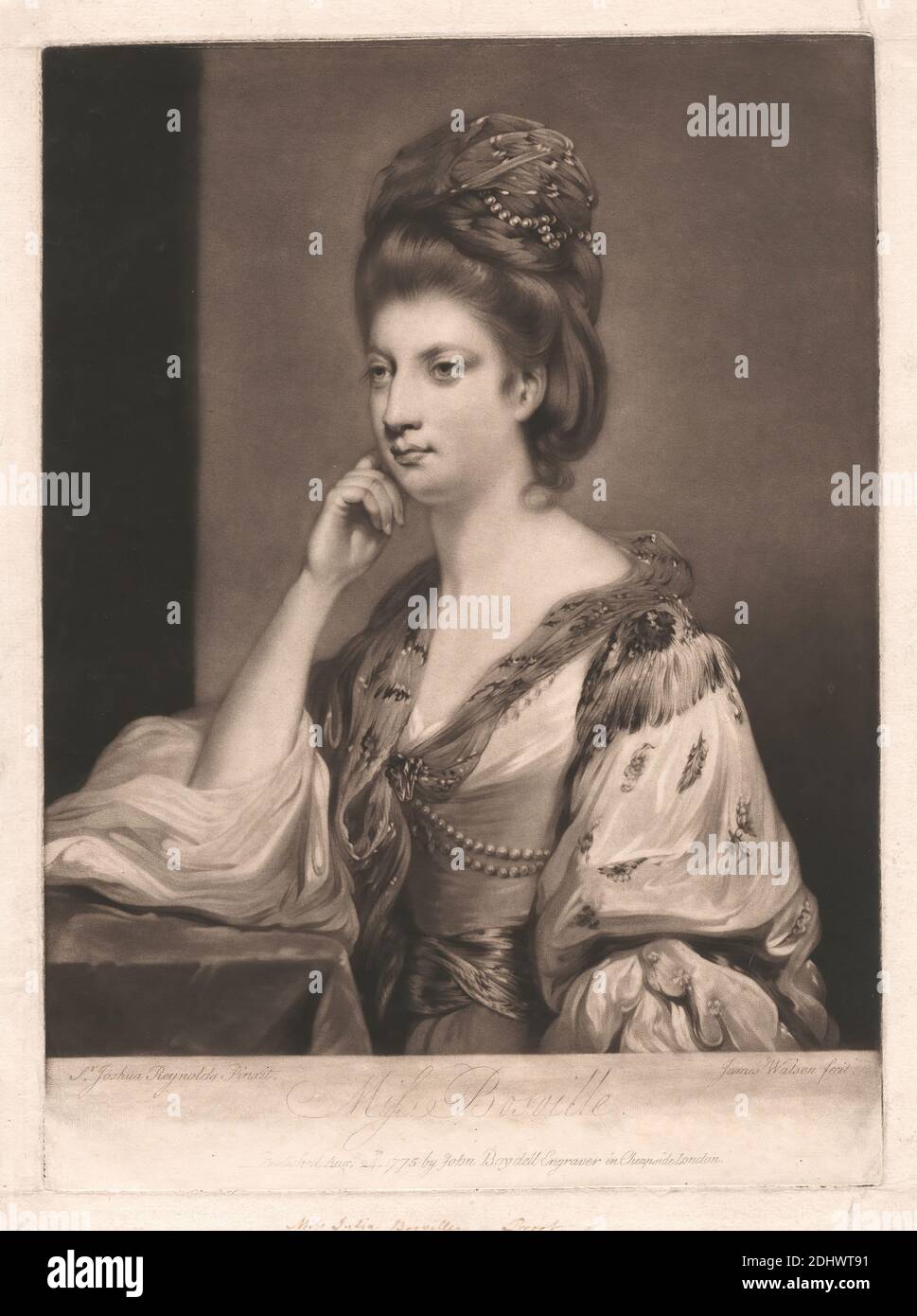 Miss Julia Bosville, Druck gemacht von James Watson, 1740–1790, britisch, nach Sir Joshua Reynolds RA, 1723–1792, britisch, 1775, Mezzotint auf mäßig dick, mäßig strukturiert, creme, Papier gelegt, Blatt: 16 1/8 × 12 1/16 Zoll (41 × 30.6 cm), Platte: 14 7/8 × 10 15/16 Zoll (37.8 × 27.8 cm) und Bild: 13 1/8 × 10 7/8 Zoll (33.3 × 27.6 cm Stockfoto