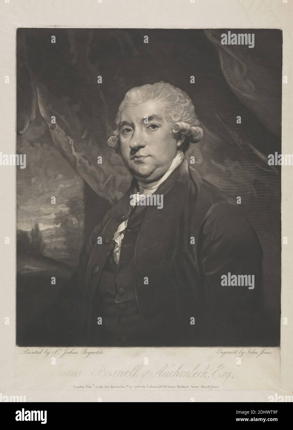 James Boswell von Auchinleck, Esq., Druck von John Jones, ca. 1745–1797, britisch, nach Sir Joshua Reynolds RA, 1723–1792, britisch, 1786, Mezzotint auf sehr dünnem, glattem, cremefarbenem Papier, Blatt: 17 7/8 × 12 1/4 cm (31.1 × 45.4 Zoll), Platte: 14 3/4 × 10 7/8 cm (27.6 37.5 × Zoll) und Bild: 13 × 10 7/8 Zoll (33 × 27.6 cm Stockfoto