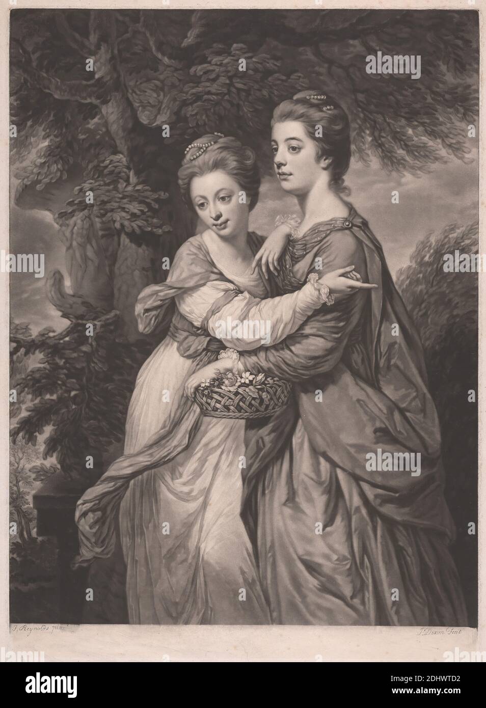 Miss Emma und Miss Elizabeth Crewe, Druck von John Dixon, ca. 1740–1811, Irisch, nach Sir Joshua Reynolds RA, 1723–1792, Britisch, ca. 1782, Mezzotint auf Medium, mäßig strukturiert, cremefarbenes Papier, Blatt: 22 3/4 × 15 3/4 cm (40 × 57.8 Zoll), Platte: 20 × 14 Zoll (50.8 × 35.6 cm), Chine Collé: 19 5/8 × 14 Zoll (49.8 × 35.6 cm) und Bild: 18 5/8 × 14 Zoll (47.2 × 35.6 cm Stockfoto