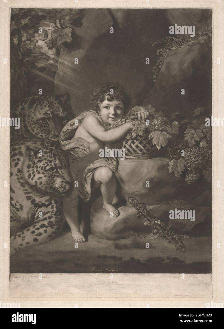 Master Henry George Herbert als 'Infant Bacchus', Druck von John Raphael Smith, 1752–1812, britisch, nach Sir Joshua Reynolds RA, 1723–1792, britisch, 1776, Mezzotint auf mäßig dickem, mäßig strukturiertem, cremefarbenen, gedeckten Papier, Blatt: 22 11/16 × 16 1/4 cm (41.3 × 57.6 Zoll), Platte: 20 × 14 Zoll (50.8 × 35.6 cm), und Bild: 18 5/16 × 13 15/16 Zoll (46.5 × 35.4 cm), Korb, Kind, Tuch, Augen, gott, Trauben, Blätter, Leoparden, Licht, Porträt, religiöse und mythologische Thema, Felsen, Reben Stockfoto