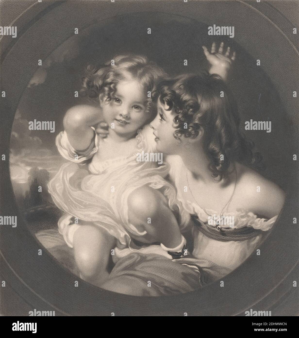 The Calmady Children, Print Made by Samuel Cousins, 1801–1887, British, after Sir Thomas Lawrence, 1769–1830, British, Published by Hodgson, Boys & Graves, ca. 1812–1892, britisch, 1835, Mezzotint, Strichgravur und Stippelgravur auf mäßig dickem, leicht strukturiertem, cremefarbenem Wove-Papier, Blatt: 12 5/8 x 10 7/16 Zoll (32 x 26.5 cm), Platte: 12 1/16 x 9 3/8 Zoll (30.7 x 23.8 cm) und Bild: 7 5/16 x 6 15/16 Zoll (18.5 x 17.6 cm), Baby, Bögen (Kostümzubehör), Kinder, Tuch, Locken, Kleider, Geste, Mädchen, Schmuck, Halskette, Adel, Porträt, Profil (Figur), Rundel Stockfoto