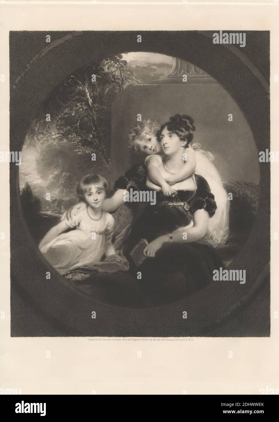 Mary Elizabeth, Gräfin Gray, with her Two Children, Print made by Samuel Cousins, 1801–1887, British, after Sir Thomas Lawrence, 1769–1830, British, 1831, Mezzotint, Strichgravur und Stipple-Gravur auf dickem, leicht strukturiertem, cremefarbenen Wove-Papier, Blatt: 17 1/8 x 13 3/4 cm (35 x 43.5 Zoll), Platte: 16 5/8 x 12 5/8 Zoll (42.2 x 32.1 cm), und Bild: 12 5/8 x 10 11/16 Zoll (32 x 27.2 cm), Buch, Armband (Schmuck), Kinder, Spalte (architektonisches Element), Kostüm, Couch, Gräfin, Töchter, Kleider, Mädchen, Kleider, Schmuck, Landschaft, Mutter, Halsketten, Adel, Perlen, Anhänger (Schmuck Stockfoto