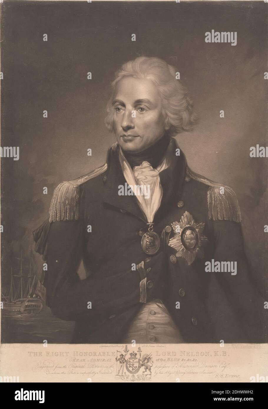Horatio, Lord Nelson, Druck von Richard Earlom, 1743–1822, britisch, nach Lemuel Francis Abbott, ca. 1760–1802, britisch, 1798, Mezzotint (erster Zustand) auf mittlerem, leicht strukturiertem, cremefarbenen Papier, Blatt: 20 1/4 × 14 1/4 Zoll (51.4 × 36.2 cm) und Bild: 18 × 14 Zoll (45.7 × 35.6 cm) Stockfoto