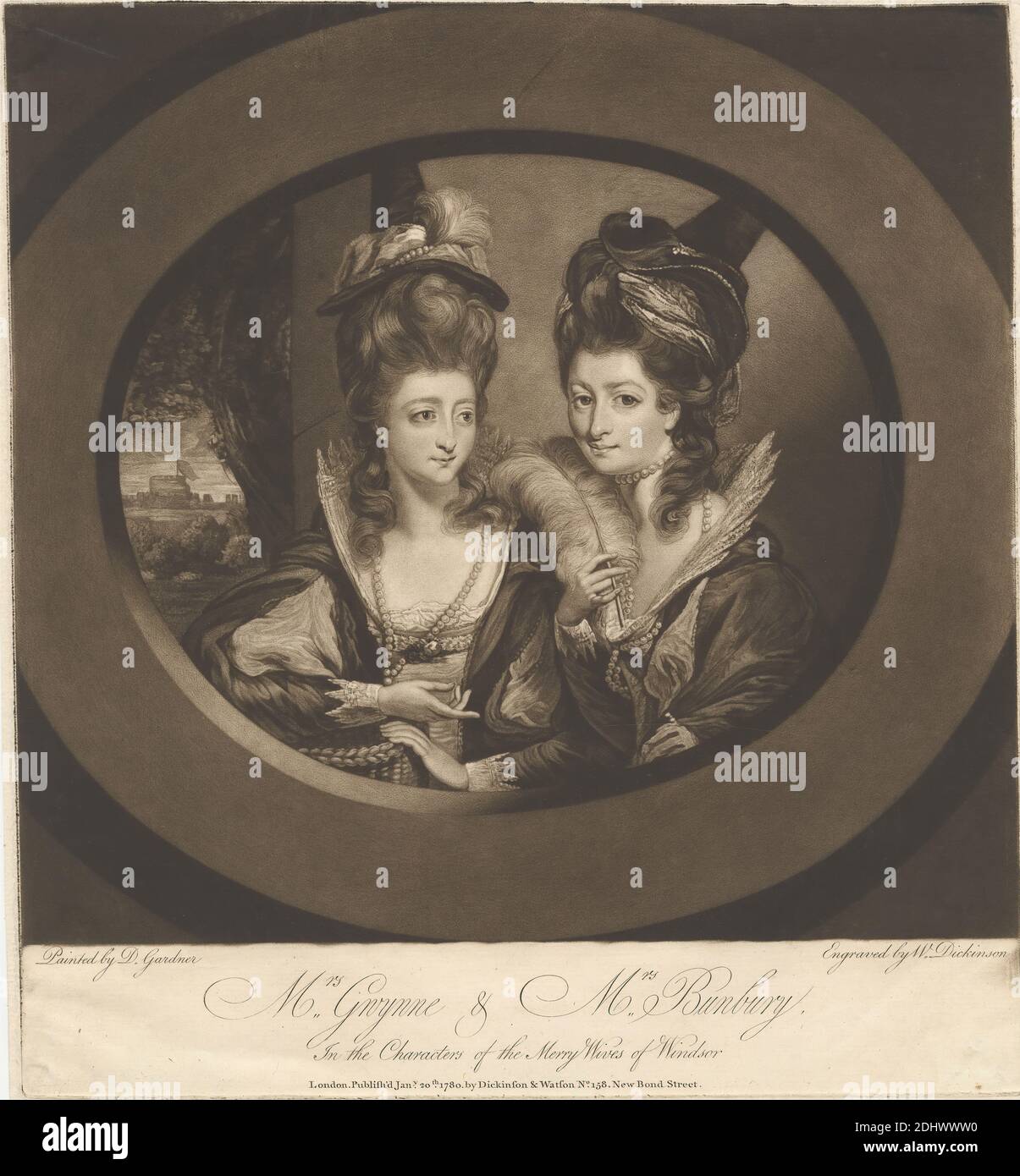 Mrs. Gwynne and Mrs. Bunbury in the Characters of the Merry Wives of Windsor, Print Made by William Dickinson, 1746–1823, British, after Daniel Gardner, 1750–1805, British, Published by William Dickinson, 1746–1823, British, and Thomas Watson, 1743–1781, British, 1780, Mezzotint on mäßig dick, slightly textured, beige laid paper, Sheet: 12 5/16 × 11 5/16 Zoll (31.2 × 28.8 cm) und Bild: 10 1/4 x 10 7/8 Zoll (26.1 x 27.7 cm), Schauspielerinnen, Manschetten, Locken, Phantasie Kleid, Federn, Hüte, Spitze, literarische Thema, oval, Palast, Perlen, Theaterstücke von William Shakespeare, Porträt, Rüschen, Seide, Schwestern Stockfoto