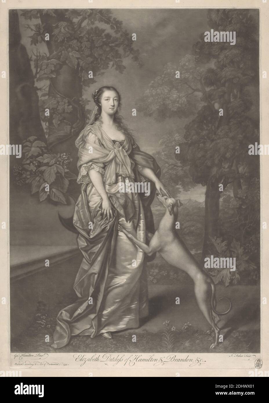 Elizabeth, Herzogin von Hamilton, Druck von John Faber der Jüngere, ca. 1695–1756, niederländisch, in Großbritannien tätig, nach Gavin Hamilton, 1723–1798, britisch, in Italien tätig (1744–48 und 1756), 1753, Mezzotint auf mittlerem, leicht strukturiertem, cremefarbenem Papier, Blatt: 21 × 15 1/4 Zoll (53.3 × 38.7 cm), Platte: 20 × 14 Zoll (50.8 × 35.6 cm) und Bild: 19 × 13 7/8 Zoll (48.3 × 35.2 cm Stockfoto