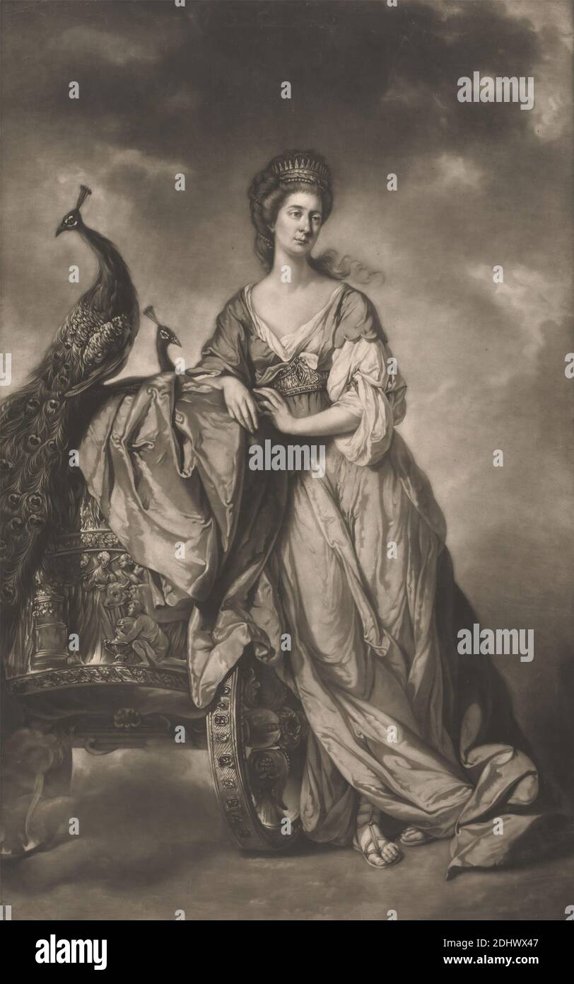 Miss Elliot, Print Made by James Watson, 1740–1790, British, after Tilly Kettle, 1735–1786, British, Active in India (1769–76), Published by Robert Sayer, 1725–1794, British, undated, Mezzotint auf Medium, leicht strukturiert, cremefarbenes Papier, Sheet: 25 × 15 5/8 inches (63.5 × 39.7 cm), Plate: 24 1/2 × 15 Zoll (62.2 × 38.1 cm), und Bild: 23 7/8 × 15 Zoll (60.6 × 38.1 cm), Schauspielerin, Wagen, Wolken, Kleid, Staub, Kopfstück, lehnend, Low-Relief-Skulptur, Ochse, Pfauen (Vögel), Porträt, Relief, religiöse und mythologische Thema, Sandalen Stockfoto