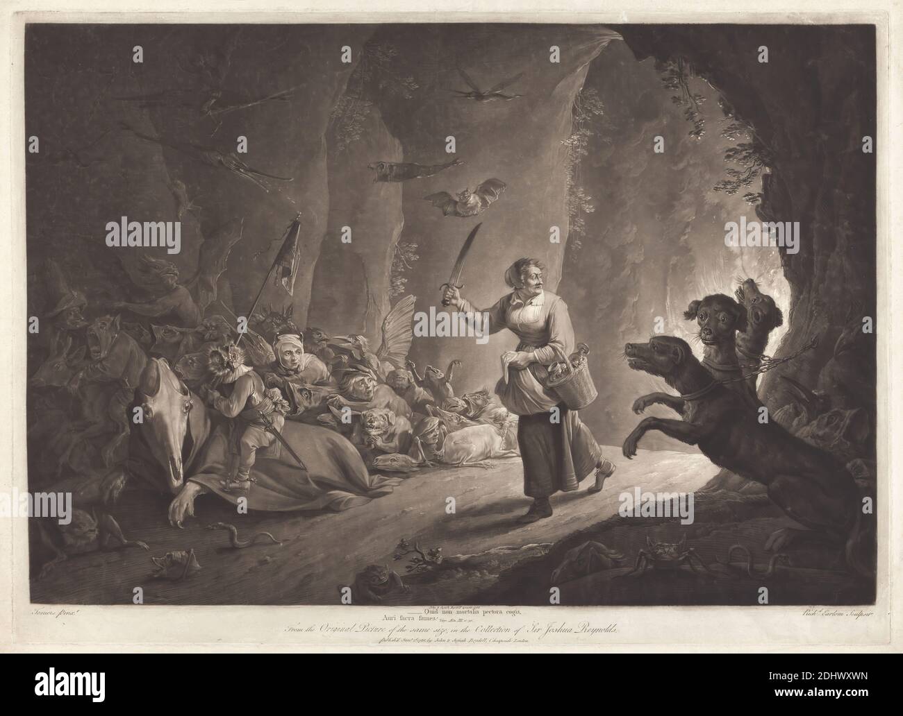 The Enchantress, Print Made by Richard Earlom, 1743–1822, British, after David Teniers, 1610–1690, Flämisch, Publiziert von John Boydell, 1720–1804, British, 1786, Mezzotint und Radierung auf mittlerem, leicht strukturiertem, cremefarbenem Papier, Blatt: 21 5/8 × 29 3/4 Zoll (54.9 × 75.6 cm), Platte: 28 3/8 × 26 3/4 Zoll (72.1 × 67.9 cm), und Bild: 17 7/8 × 25 7/8 Zoll (45.4 × 65.7 cm), Tiere, Anthropomorphismus, Korb, Höhle, Ketten, Hunde (Tiere), Zauberin, Fische, Grotesken, Köpfe, Schmuck, Metamorphosen  klassische Mythologie, Eule, religiöse und mythologische Thema, Reptilien, Schwerter, Reben, Flügel Stockfoto