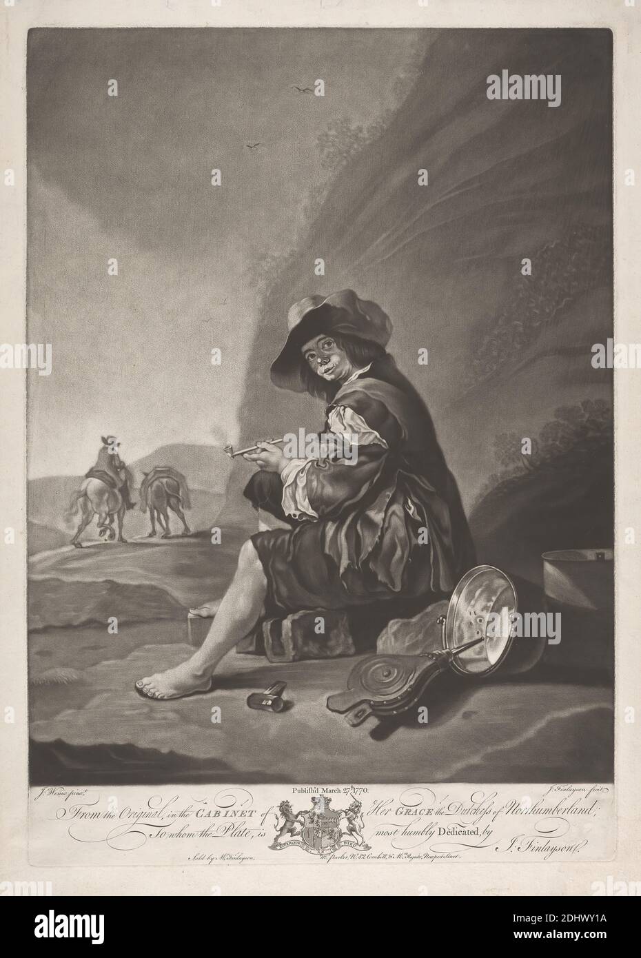 The Tinker, Druck von John Finlayson, 1730–1776, britisch, nach Jan Weenix, c. 1642–1719, Niederländisch, 1770, Mezzotint auf Medium, mäßig strukturiert, cremefarbenes Papier, Blatt: 21 5/8 × 15 1/2 Zoll (54.9 × 39.4 cm), Teller: 20 × 14 1/8 Zoll (50.8 × 35.9 cm), und Bild: 18 × 13 7/8 Zoll (45.7 × 35.2 cm) Stockfoto