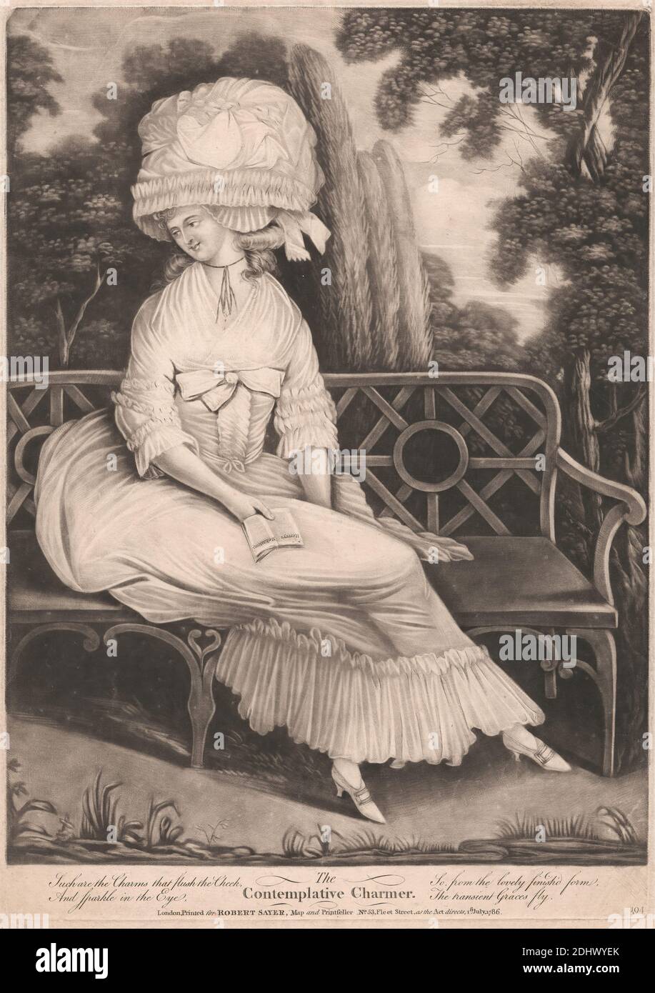 The contemplative Charmer, Print made by unknown artist, Eighteenth Century, Published by Robert Sayer, 1725–1794, British, 1786, Mezzotint auf Medium, leicht strukturiert, cremefarbenes Papier, Blatt: 35 3/4 × 10 3/8 Zoll (90.8 × 26.4 cm), Platte: 14 × 9 7/8 Zoll (35.6 × 25.1 cm), und Bild: 13 1/4 × 9 7/8 Zoll (33.7 × 25.1 cm Stockfoto