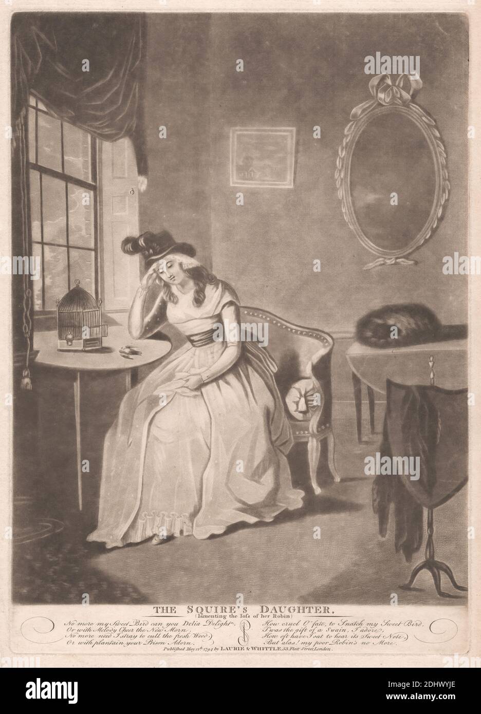 The Squire's Daughter, Lamenting the Loss of her Robin, Print made by unknown artist, Eighteenth Century, Published by Robert Laurie, 1755?–1836, British, 1794, Mezzotint auf Medium, leicht strukturiert, cremefarbenes Wove-Papier, Blatt: 16 3/4 × 11 inches (42.5 × 27.9 cm), Platte: 13 7/8 × 10 Zoll (35.2 × 25.4 cm) und Bild: 12 3/4 × 10 Zoll (32.4 × 25.4 cm Stockfoto