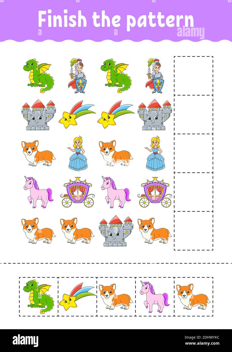 Das Muster fertig stellen. Schneiden und spielen. Arbeitsblatt zur Entwicklung von Schulungen. Aktivitätsseite.Zeichentrickfigur. Stock Vektor