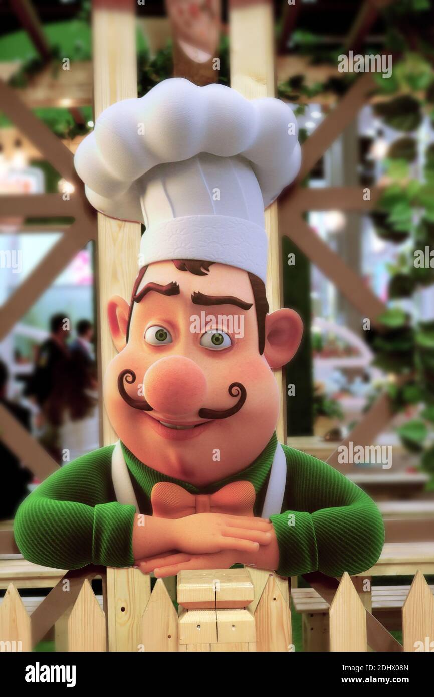 Maskottchen des Küchenchefs. Nützlich für ein Menü, ein Logo oder Branding in einem Restaurant oder Café Stockfoto