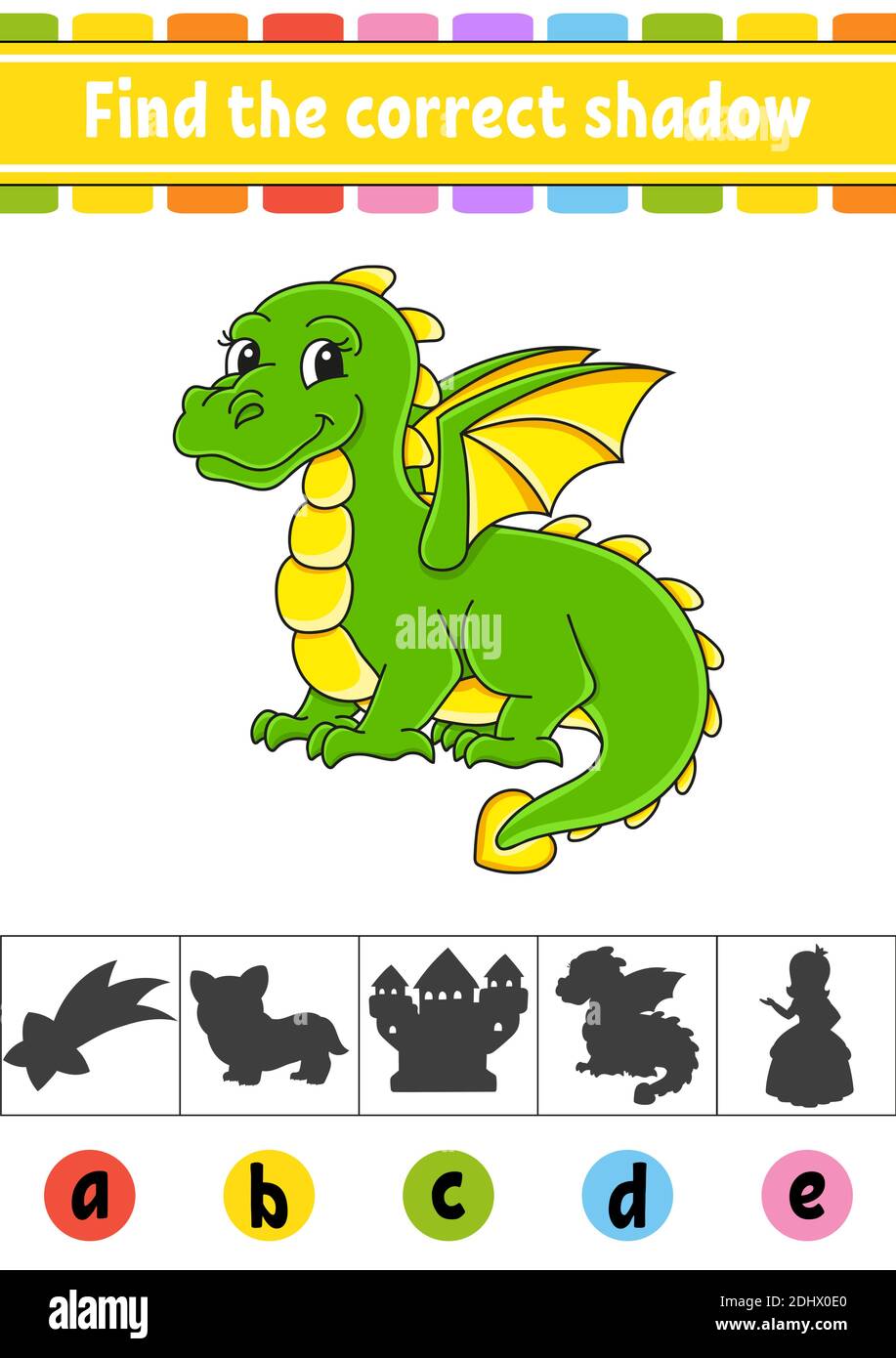 Suchen Sie den richtigen Schatten. Arbeitsblatt zur Entwicklung von Schulungen. Aktivitätsseite. Farbe Spiel für Kinder. Isolierte Vektordarstellung. Zeichentrickfigur. Stock Vektor