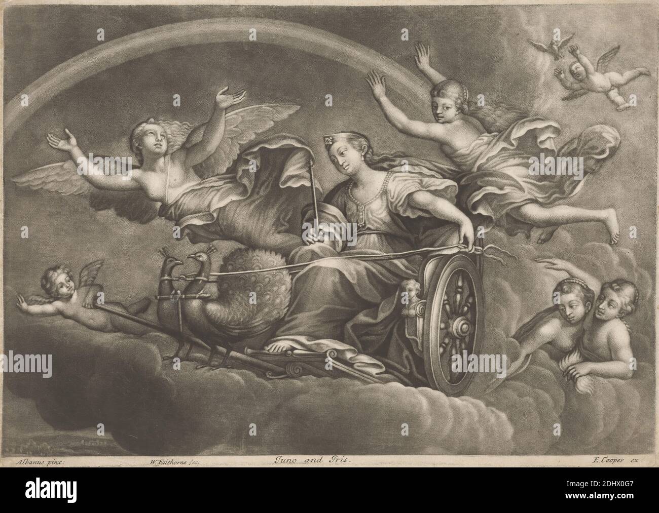 Juno und Iris, Druck von William Faithorne, 1656–ca. 1701, Britisch, nach Francesco Albani, 1578–1660, Italienisch, Published by Edward Cooper, Active 1682 –gest. 1725, Britisch, zwischen 1695 und 1703, Mezzotint auf Medium, leicht strukturiert, beige Papier, Blatt: 9 1/4 x 13 Zoll (23.5 x 33 cm), Platte: 9 x 12 11/16 Zoll (22.8 x 32.2 cm), und Bild: 8 13/16 x 12 11/16 Zoll (22.4 x 32.2 cm), Wagen, Mantel, Wolken, Krone, Fliegen, Göttinnen, Bote, Nymphen, Pfauen (Vögel), Perlen, Putti, Regenbogen, religiöse und mythologische Thema, Roben, Zepter, Flügel, Frauen Stockfoto