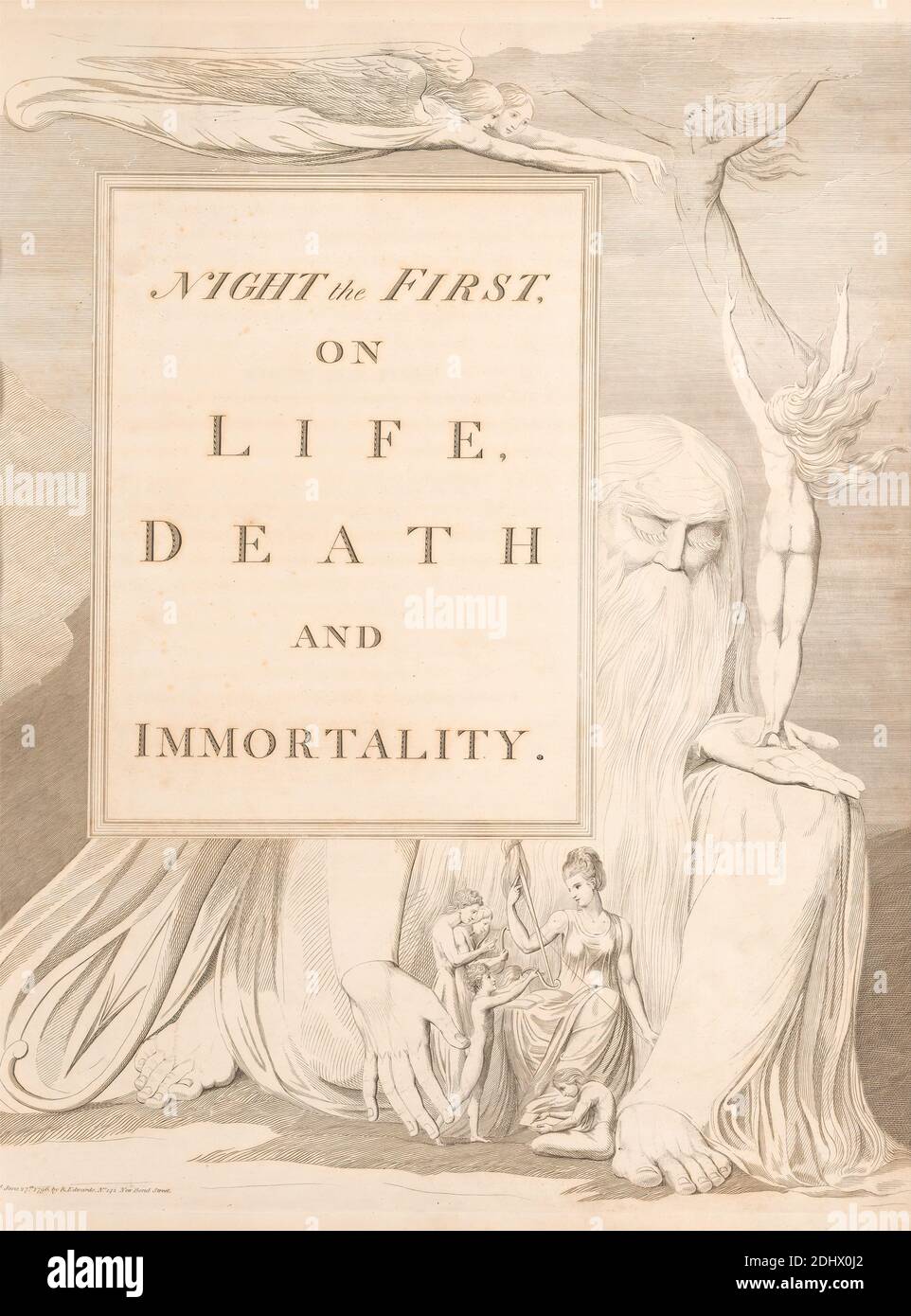 Die Klage und der Trost; oder Nacht Gedanken (und Titelseite), William Blake, 1757–1827, britisch, zugeschrieben Edward Young, 1683–1765, britisch, 1797, Engraving, Spine: 16 3/4in. (42,5 cm) und Blatt: 16 1/2 x 12 3/4 Zoll (41.9 x 32,4 cm Stockfoto