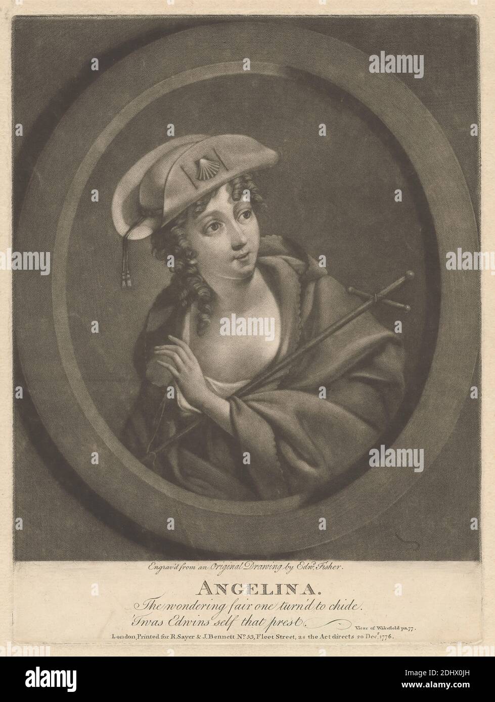 Angelina, Print Made by Edward Fisher, 1722–1785, British, after Edward Fisher, 1722–1785, British, Published by Sayer & Bennett, 1725–1794, British, 1776, Mezzotint auf mäßig dickem, leicht strukturiertem, beigefarbenem Papier, Blatt: 13 1/8 x 10 3/16 cm (25.8 x 33.4 Zoll), Platte: 10 1/16 x 7 1/2 Zoll (25.5 x 19 cm), und Bild: 8 11/16 x 7 1/2 Zoll (22 x 19 cm), Perlen, Mantel, Kreuz (Motiv), Locken, Kleid, Blick, Gestik, Hut, Illustration, literarisches Thema, Roman, Posing, Robe, Muschel, Stab, der Vikar von Wakefield (1766), Frau Stockfoto