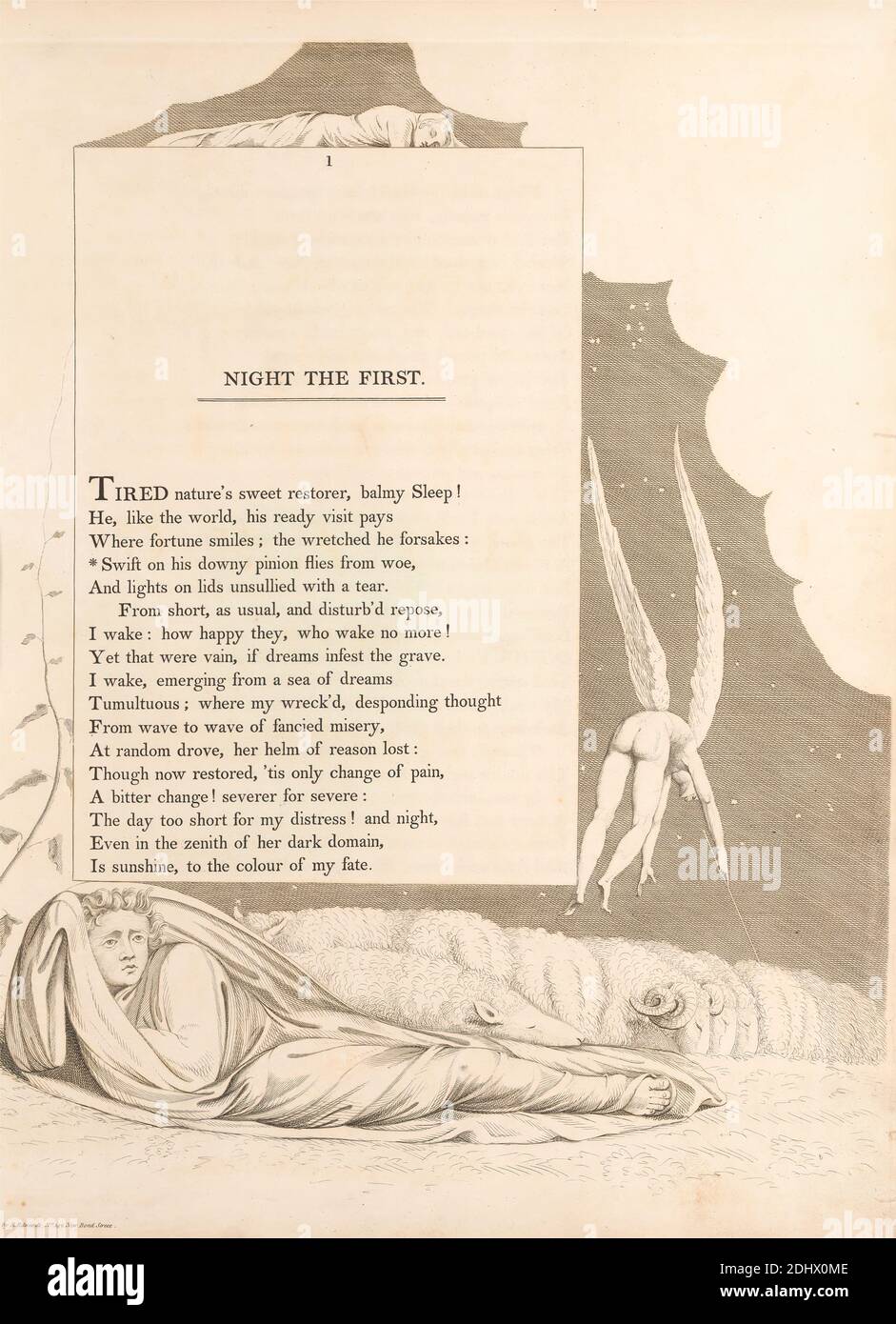 Tafel 2 (Seite 1): "Schwinft auf seinem flauschigen Ritzel fliegt vom Wehe", William Blake, 1757–1827, britisch, Edward Young zugeschrieben, 1683–1765, britisch, 1797, Engraving Stockfoto