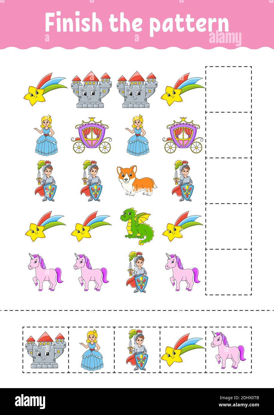 Das Muster fertig stellen. Schneiden und spielen. Arbeitsblatt zur Entwicklung von Schulungen. Aktivitätsseite.Zeichentrickfigur. Stock Vektor