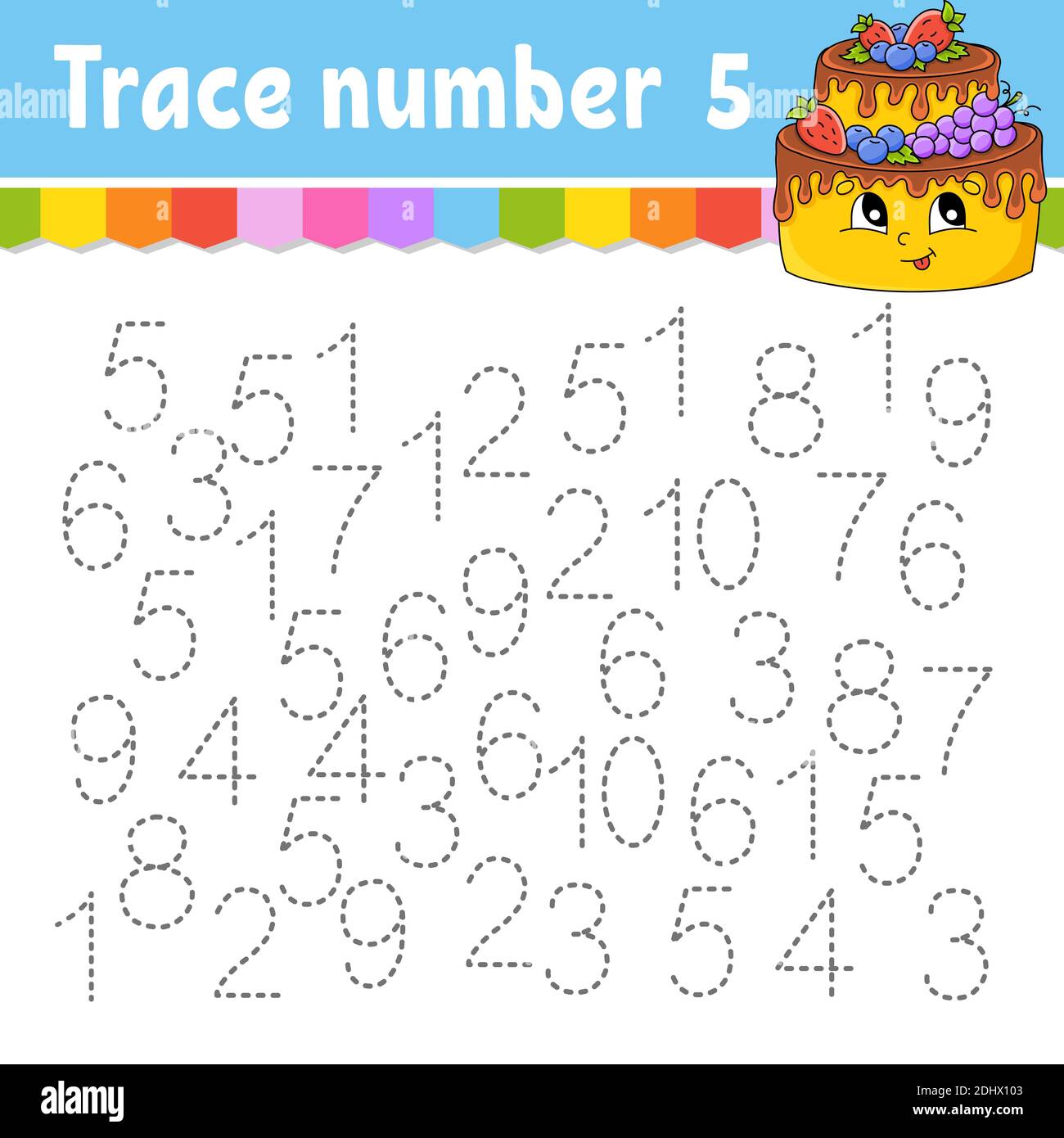 Trace-Nummer . Handschriftverfahren. Lernzahlen für Kinder. Arbeitsblatt zur Entwicklung von Schulungen. Aktivitätsseite. Spiel für Kleinkinder und Vorschulkinder. Iso Stock Vektor