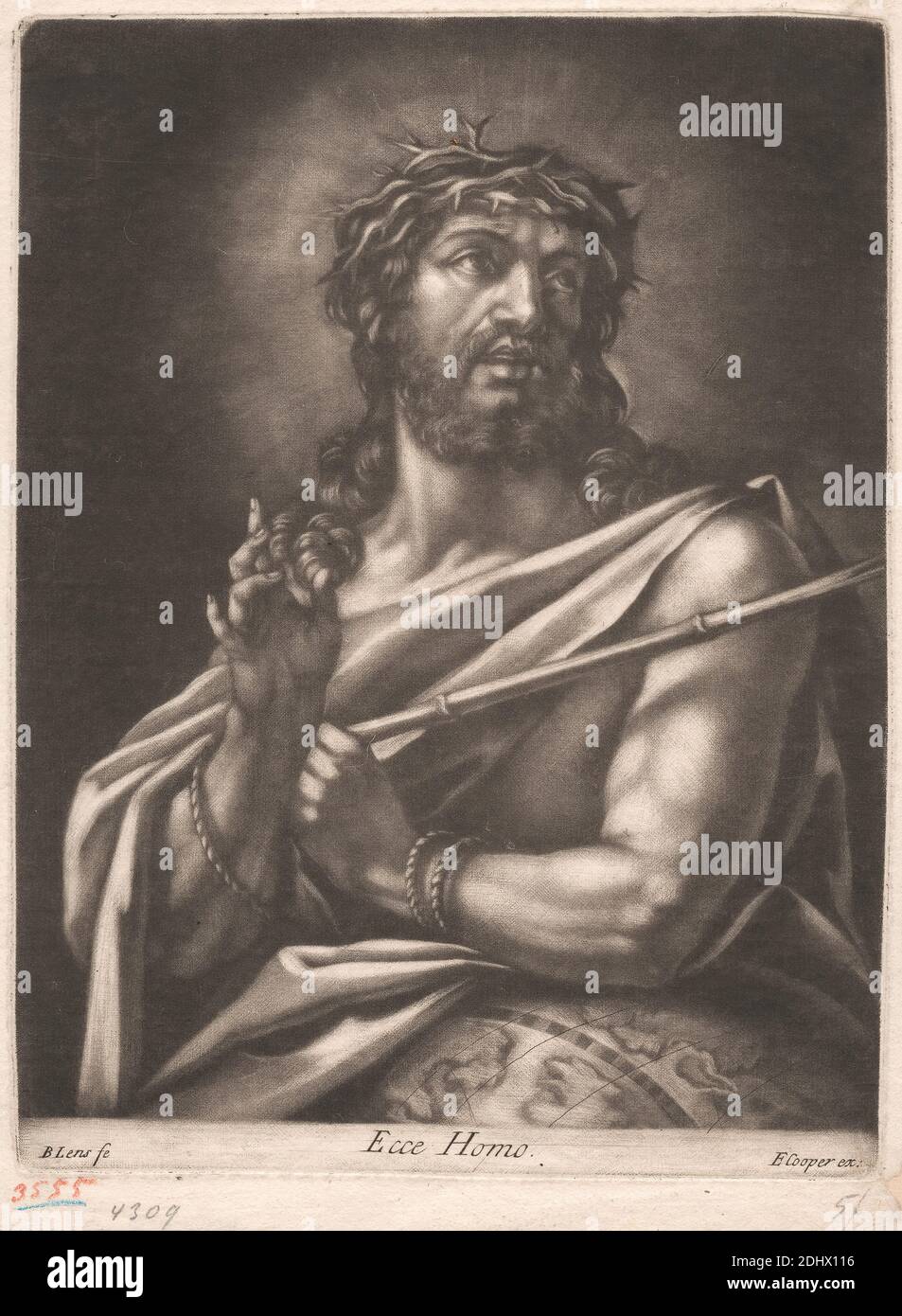 Ecce Homo, Druck von Bernard Lens, 1659–1725, britisch, undatiert, Mezzotint auf Medium, leicht strukturiert, cremefarbenes Papier, Blatt: 8 5/16 × 6 5/16 Zoll (21.1 × 16 cm), Platte: 7 9/16 × 5 11/16 Zoll (19.2 × 14.4 cm), und Bild: 7 1/4 × 5 5/8 Zoll (18.4 × 14.3 cm), Segen, Rohr, Christus, Christentum, Dornenkrone, Globus, Leidenschaft, religiöses und mythologisches Thema, Seil, Opfer Stockfoto