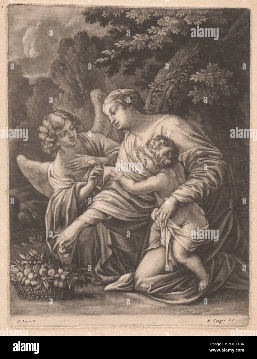 Madonna, Kind und Engel, Druck von Bernard Lens, 1659–1725, britisch, undatiert, Mezzotint auf mäßig dickem, mäßig strukturiertem, cremefarbenem Papier, Blatt: 10 7/16 × 7 15/16 Zoll (26.5 × 20.2 cm), Teller: 9 1/4 × 7 Zoll (23.5 × 17.8 cm), und Bild: 8 7/8 × 7 Zoll (22.5 × 17.8 cm), Engel, Baby, Korb, Christentum, Trost, Früchte, Sammeln, Halten, Knien, Madonna: Dh Maria mit dem Christus-Kind, Mutter, erreichen, religiöse und mythologische Thema, Bäume, Flügel Stockfoto