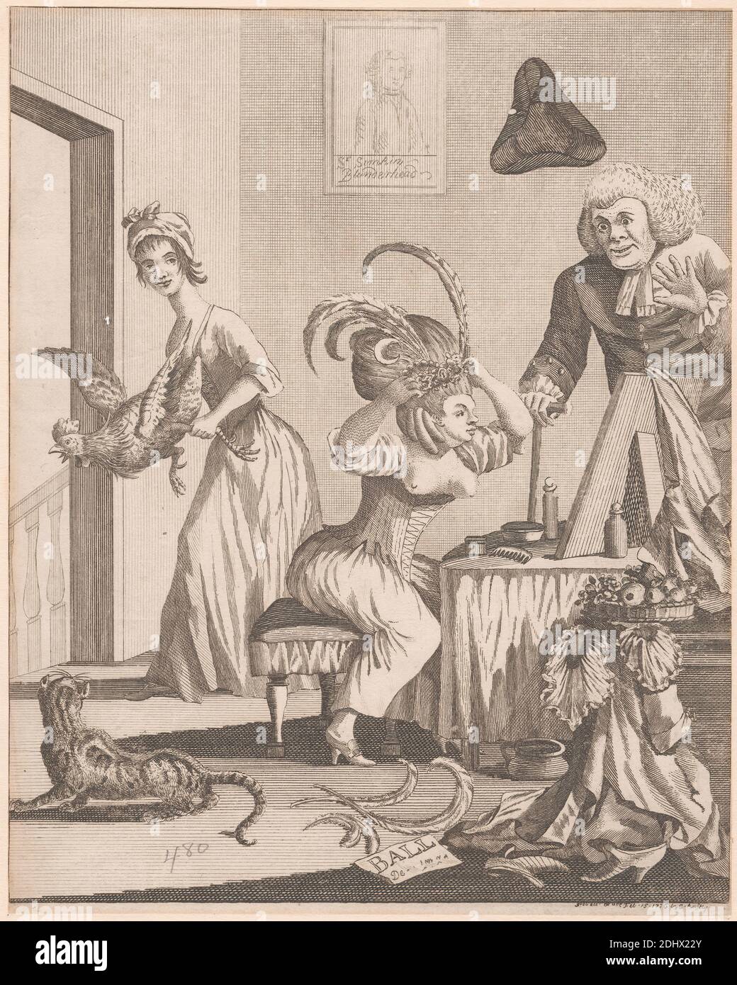 Lady bereitet sich auf den Abend bei einem Ball vor, unbekannter Künstler, 1776, Gravur in brauner Tinte Stockfoto