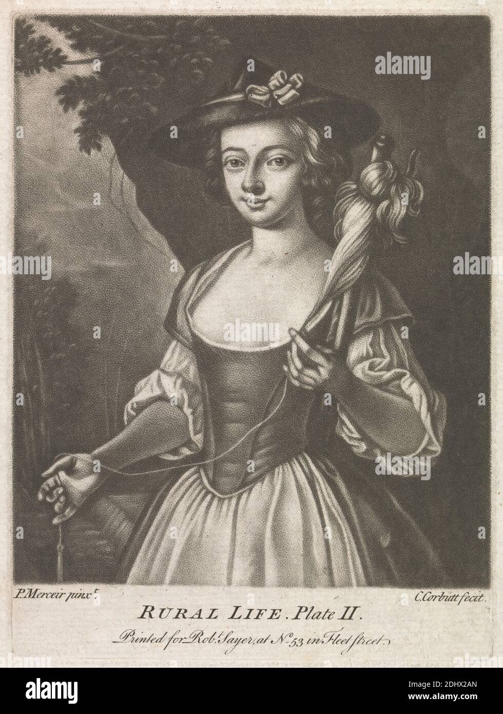 Landleben, Druck von Richard Purcell, aktiv 1746–1766, Irisch, nach Philippe Mercier, 1689 oder 1691–1760, Deutsch-Franco, aktiv in Großbritannien (ab 1716), undatiert, Mezzotint auf mäßig dick, mäßig strukturiert, creme, laid iaper, Blatt: 8 7/8 × 5 7/8 inches (22.5 × 14.9 cm), Platte: 6 × 4 1/2 Zoll (15.2 × 11.4 cm) und Bild: 5 3/8 × 4 7/16 Zoll (13.7 × 11.3 cm), Figurenstudie, Genremotiv, Drehscheibe Stockfoto