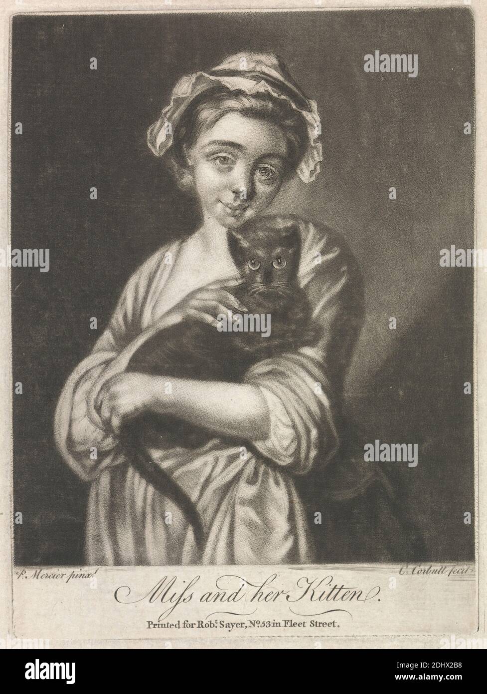 Miss and her Kitten (Rural Life), Druck von Richard Purcell, aktiv 1746–1766, Irisch, nach Philippe Mercier, 1689 oder 1691–1760, Deutsch-Franco, aktiv in Großbritannien (ab 1716), undatiert, Mezzotint auf mäßig dickem, mäßig strukturiertem, cremefarbenen Papier, Blatt: 9 1/4 × 6 1/8 Zoll (23.5 × 15.6 cm), Platte: 6 × 4 1/2 Zoll (15.2 × 11.4 cm) und Bild: 5 1/4 × 4 3/8 Zoll (13.3 × 11.1 cm), Katze (Hauskatze), Figurenstudie, Genremotiv Stockfoto