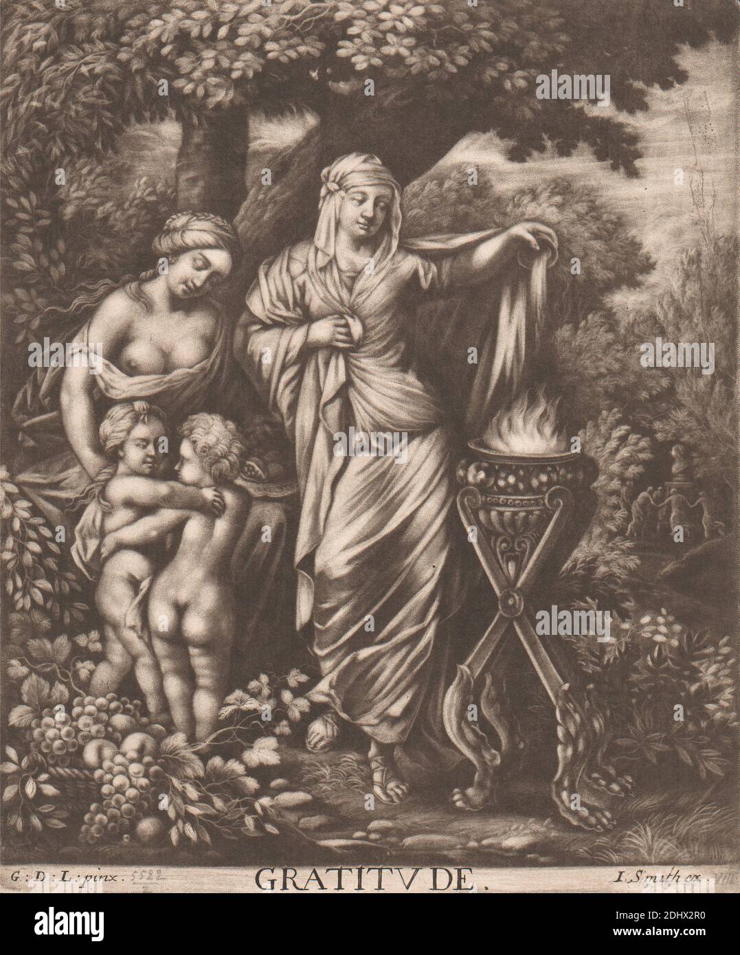 Dankbarkeit, Druck von unbekannter Künstler, siebzehnten Jahrhundert-achtzehnten Jahrhundert, nach Gerard de Lairesse, 1640–1711, Flämisch, Publiziert von John Smith, 1652–1743, britisch, undatiert, Mezzotint auf mäßig dick, mäßig strukturiert, creme, Papier gelegt, Blatt: 8 15/16 × 7 9/16 Zoll (22.7 × 19.2 cm) und Bild: 8 9/16 × 7 3/8 Zoll (21.7 × 18.7 cm Stockfoto