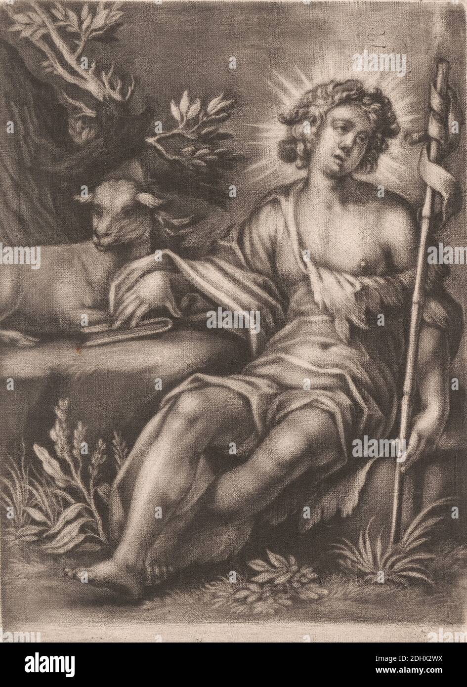 St. John with the Lamb, Print made by unknown artist, seventeenth century-Eighenth Century, Published by John Smith, 1652–1743, British, undated, Mezzotint auf Medium, leicht strukturiert, creme, Papier gelegt, Blatt: 5 3/8 × 4 inches (13.7 × 10.2 cm) und Bild: 5 1/8 × 3 7/8 Zoll (13 × 9.8 cm), Buch, Christentum, Kreuz (Motiv), Gras, Halo, Lamm, zuhören, Mensch, Märtyrer, Schilf, religiöses und mythologisches Thema, heiliger, Baum, Unkraut Stockfoto