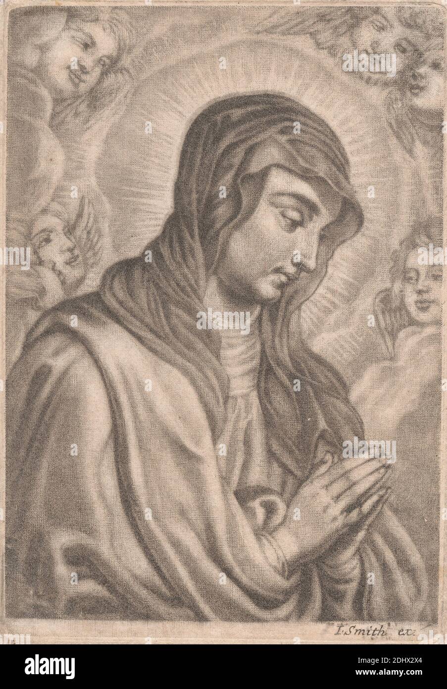 Virgin, Print made by unknown artist, seventeenth Century-Eighenth Century, Published by John Smith, 1652–1743, British, undated, Mezzotint auf Medium, leicht strukturiert, creme, Papier gelegt, Blatt: 4 13/16 × 3 3/8 inches (12.2 × 8.6 cm) und Bild: 4 1/2 × 3 3/16 Zoll (11.4 × 8.1 cm), Cherubim, Christentum, Wolken, Glaube, Heiligenschein, Beten, religiöses und mythologisches Thema, Schal, Lächeln, Schleier, Jungfrau, beobachten, Flügel Stockfoto